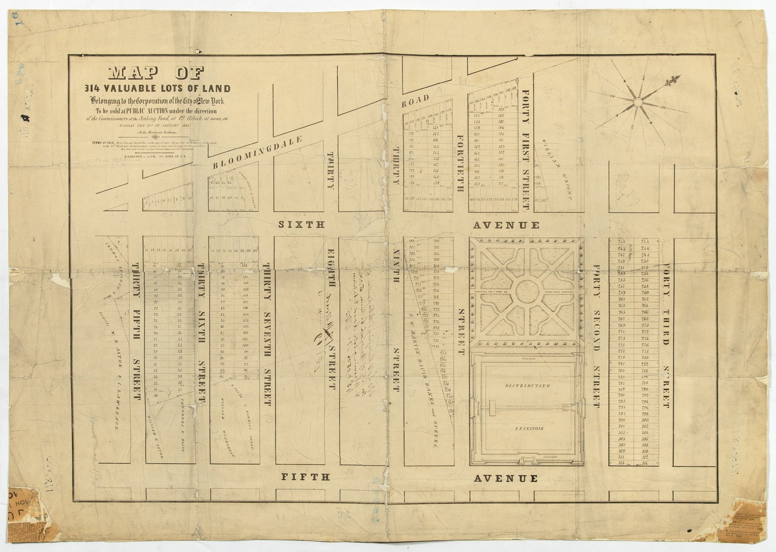 Map of property auctioned under the Commissioners of the Sinking Fund: [MAP - NEW YORK CITY] [ENDICOTT AND CO.] Map of 314 Valuable Lots of Land Belonging to the Corporation of the City of New York To be sold at Public Auction under direction of the Commissioners of the