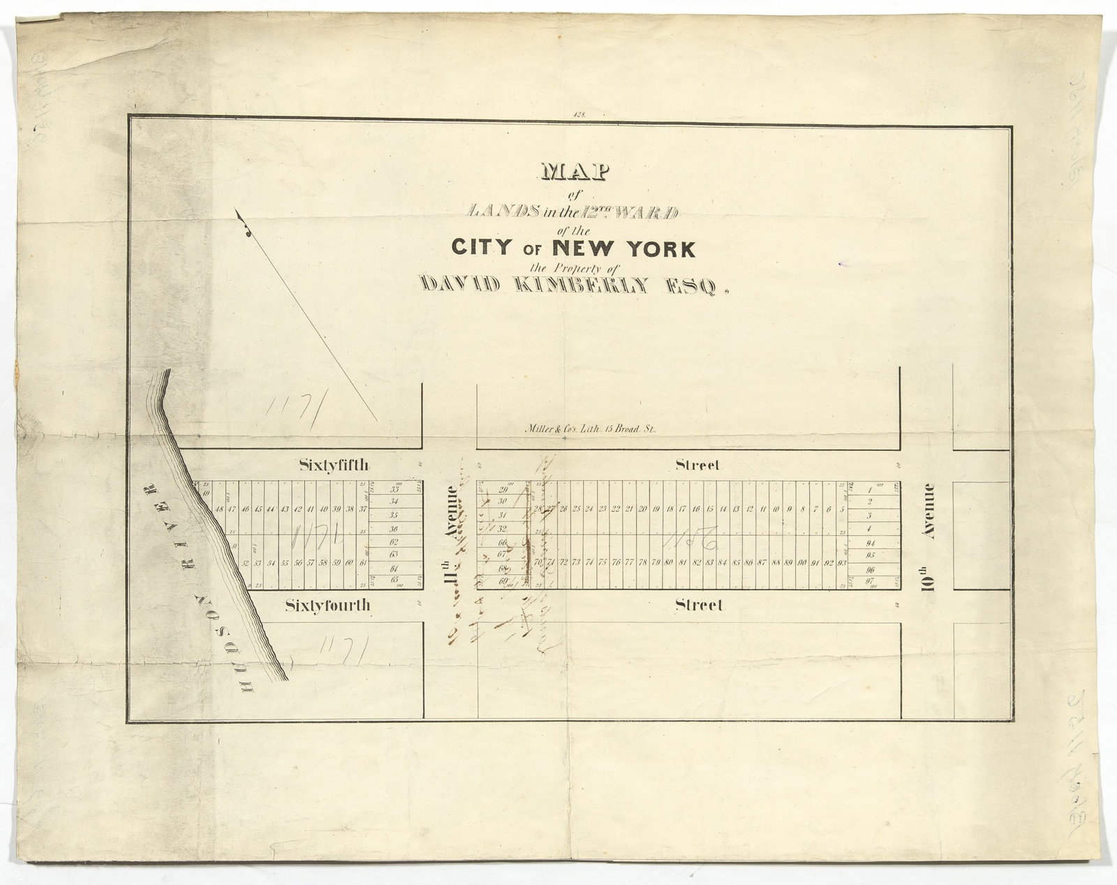 A nice lithograph map featuring the Hudson River: [MAPS - NEW YORK CITY] [MILLER & CO]. Map of Lands in the 12th Ward of the City of New York: The Property of David Kimberly Esq. New York: circa early 20th cen