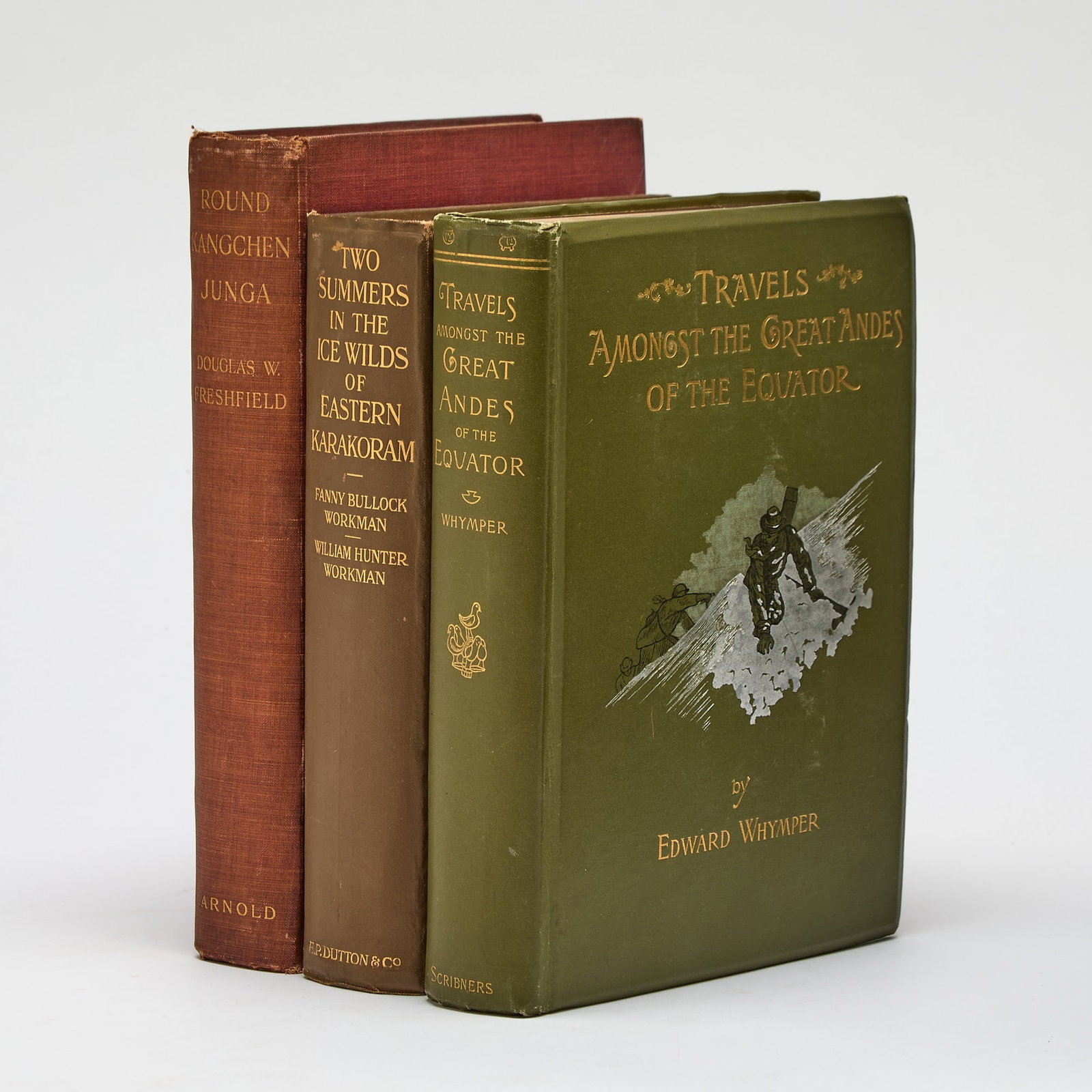 Three classic mountaineering titles: [MOUNTAINEERING] WHYMPER, EDWARD. Travels Amongst the Great Andes of the Equator. New York: Charles Scribner's Sons, 1892. First American edition. Publisher's green pictorial cloth, top edg