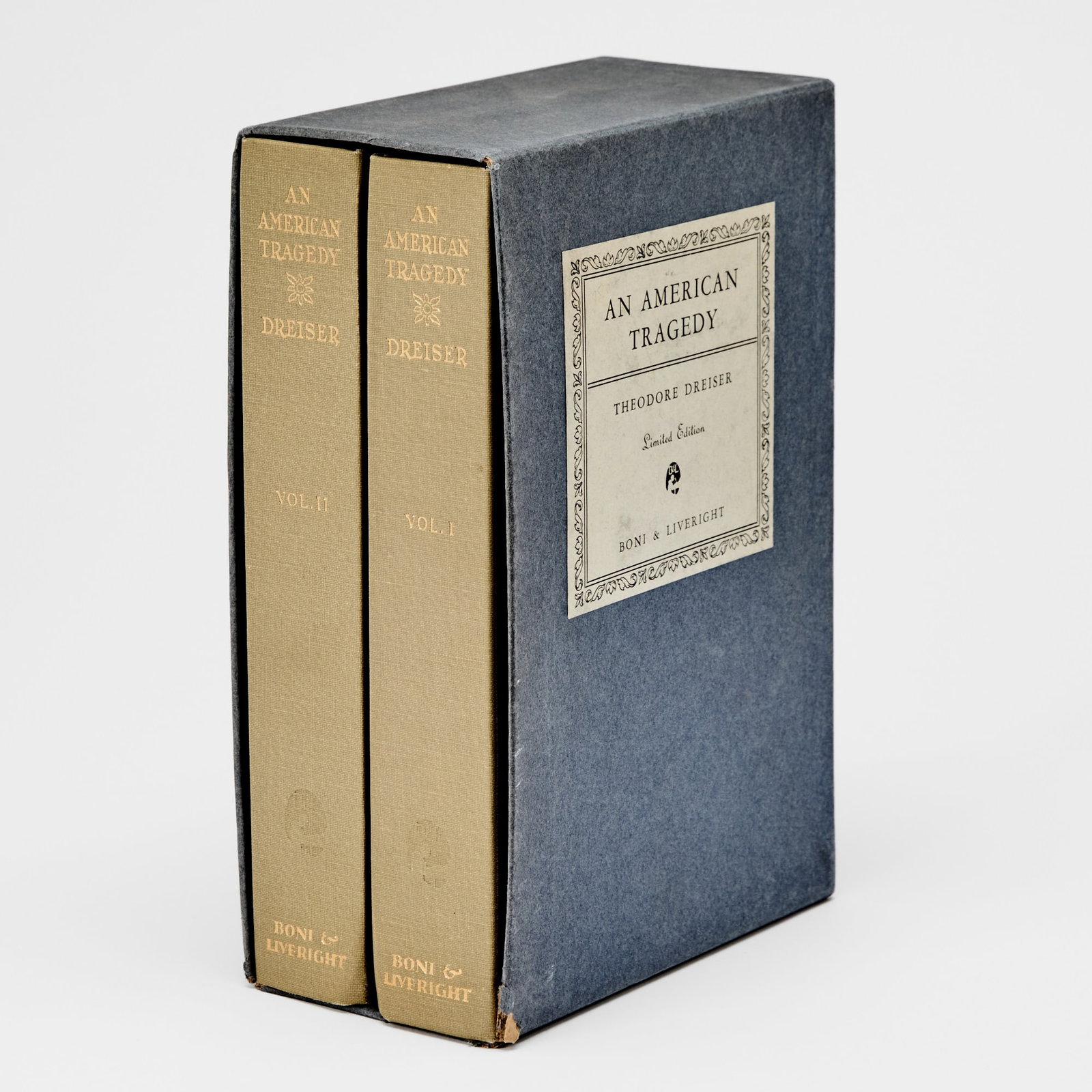 A fine, limited first edition of Dreiser's classic novel An American Tragedy signed by the author: DREISER, THEODORE An American Tragedy. New York: Boni & Liveright, 1925. First edition, limited issue signed by Dreiser on the limitation page of volume one. Number 197 of 795 numbered copies. Tw