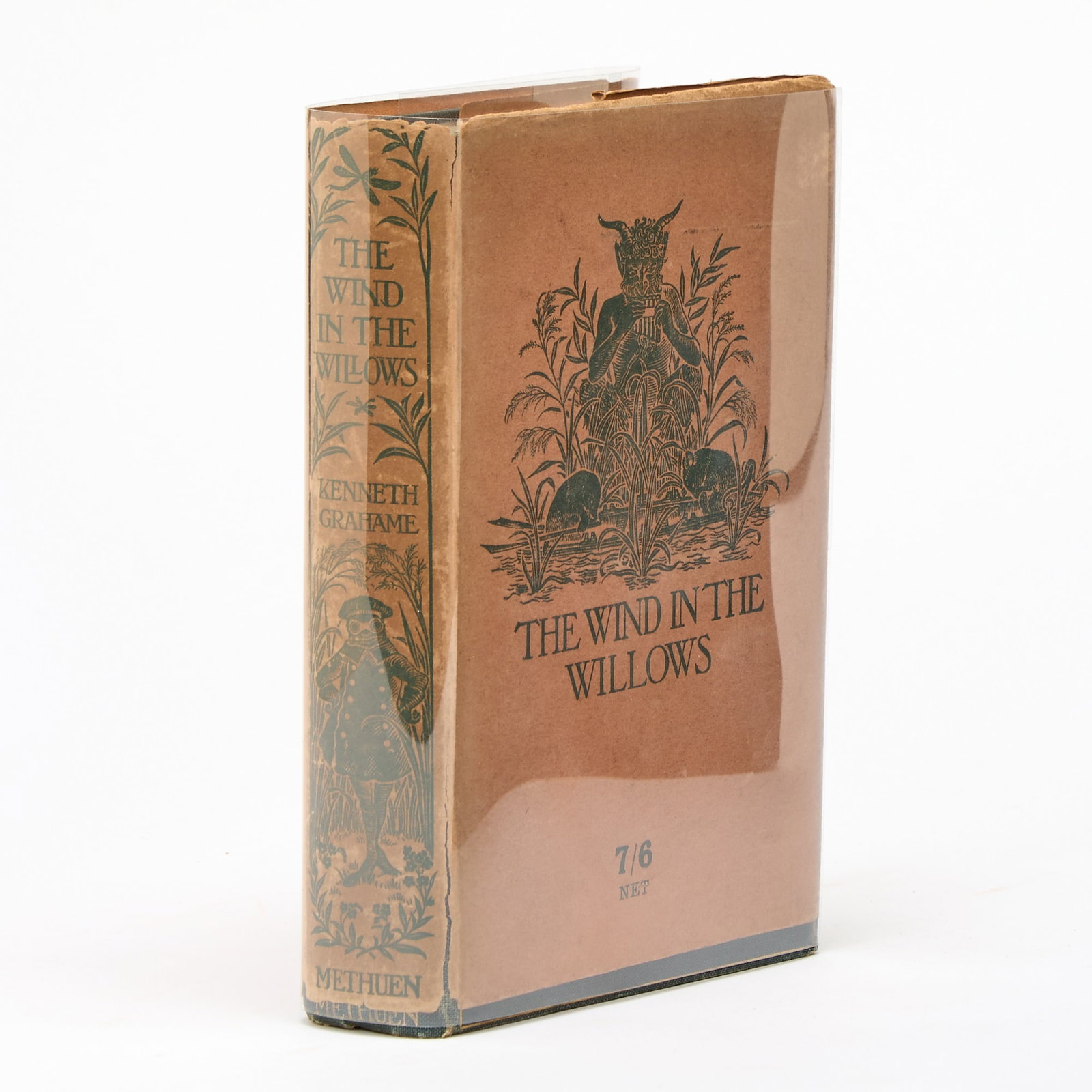 The first edition of The Wind in the Willows in the scarce dust jacket: GRAHAME, KENNETH The Wind in the Willows. London: Methuen and Co., [1908]. First edition in second-issue dust jacket. Original green pictorial publisher's cloth gilt, top edge gilt, salmon dust jacket
