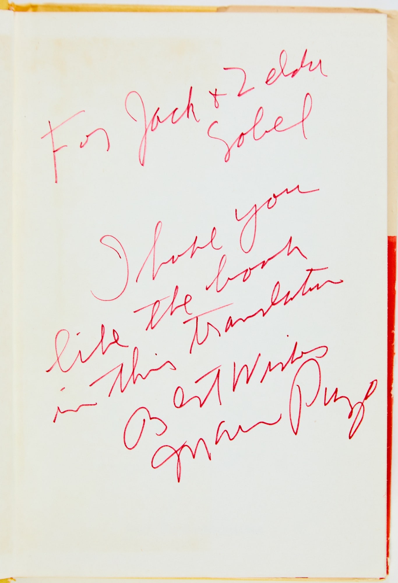 An inscribed Hebrew edition of The Godfather: PUZO, MARIO The Godfather [in Hebrew]. Tel-Aviv: Schocken, [1971]. Inscribed by Mario Puzo in red ink (upside-down) on the front free endpaper, "For Jack & Zelda Sobel/I love you like the book in