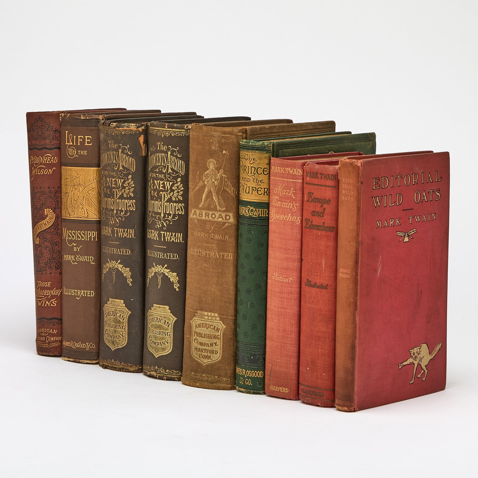Eight works by Mark Twain: TWAIN, MARK Eight works by Mark Twain in nine volumes. All in publisher's illustrated cloth. Comprising: Life on the Mississippi. Boston: Osgood, 1883. First edition. Illustrated throughout