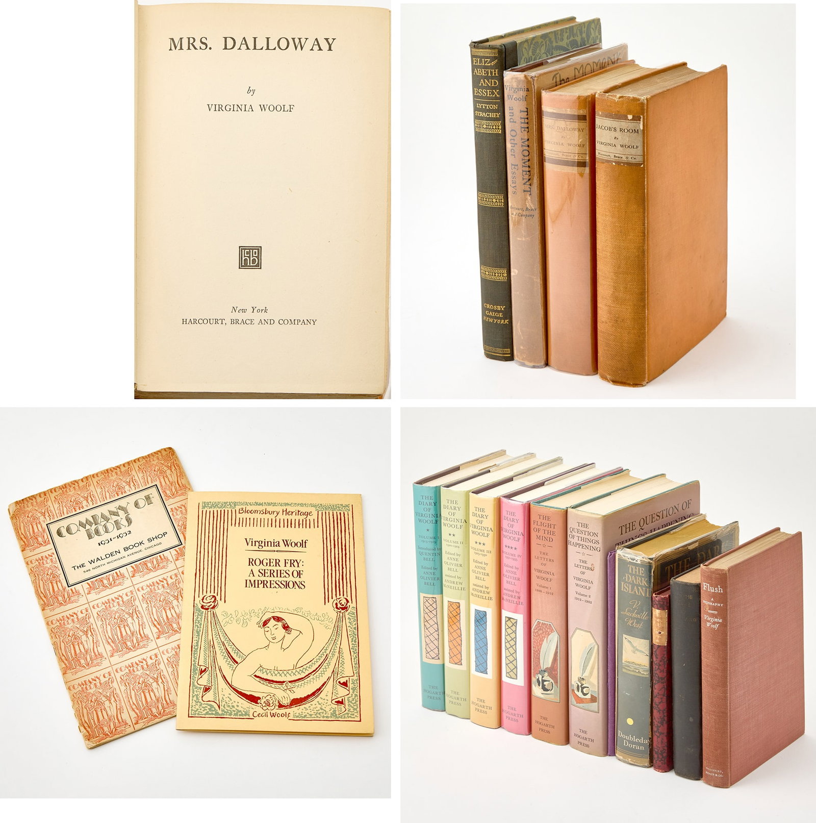 A group of works by Virginia Woolf, including the First American edition of Mrs. Dalloway: [WOOLF, VIRGINIA] Mrs. Dalloway. New York: Harcourt, Brace and Company, 1925. First American edition. Original orange cloth, with paper spine label, lacking dust jacket. 7 3/4 x 5 1/4 inches (20 x 13
