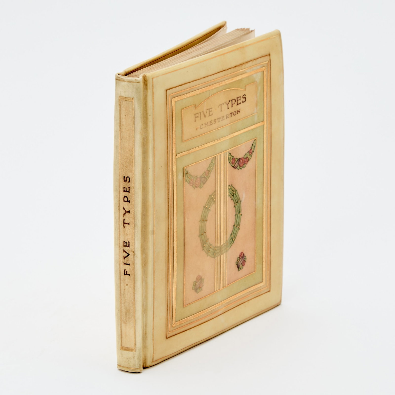 An ornate Cedric Chivers binding: CHESTERTON, G. K. Five Types. A Book of Essays. London: Arthur L. Humphreys, 1910. Full translucent vellum by Cedric Chivers, underpainted in watercolor with a panel containing the author and title an
