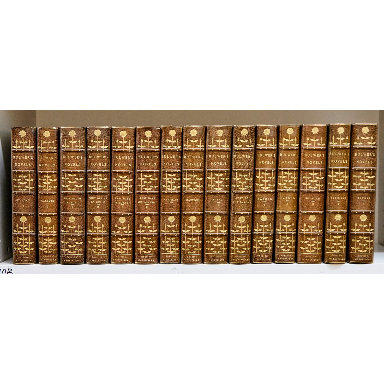 Edition Magnifique of Edward Bulwer Lytton: BULWER-LYTTON, EDWARD Works. Boston: Dana Estes, n.d. Edition Magnifique, copy "S" of 26 lettered sets. 15 volumes (of more published), contemporary green morocco gilt by Trautz-Bauzonnet, white pigsk