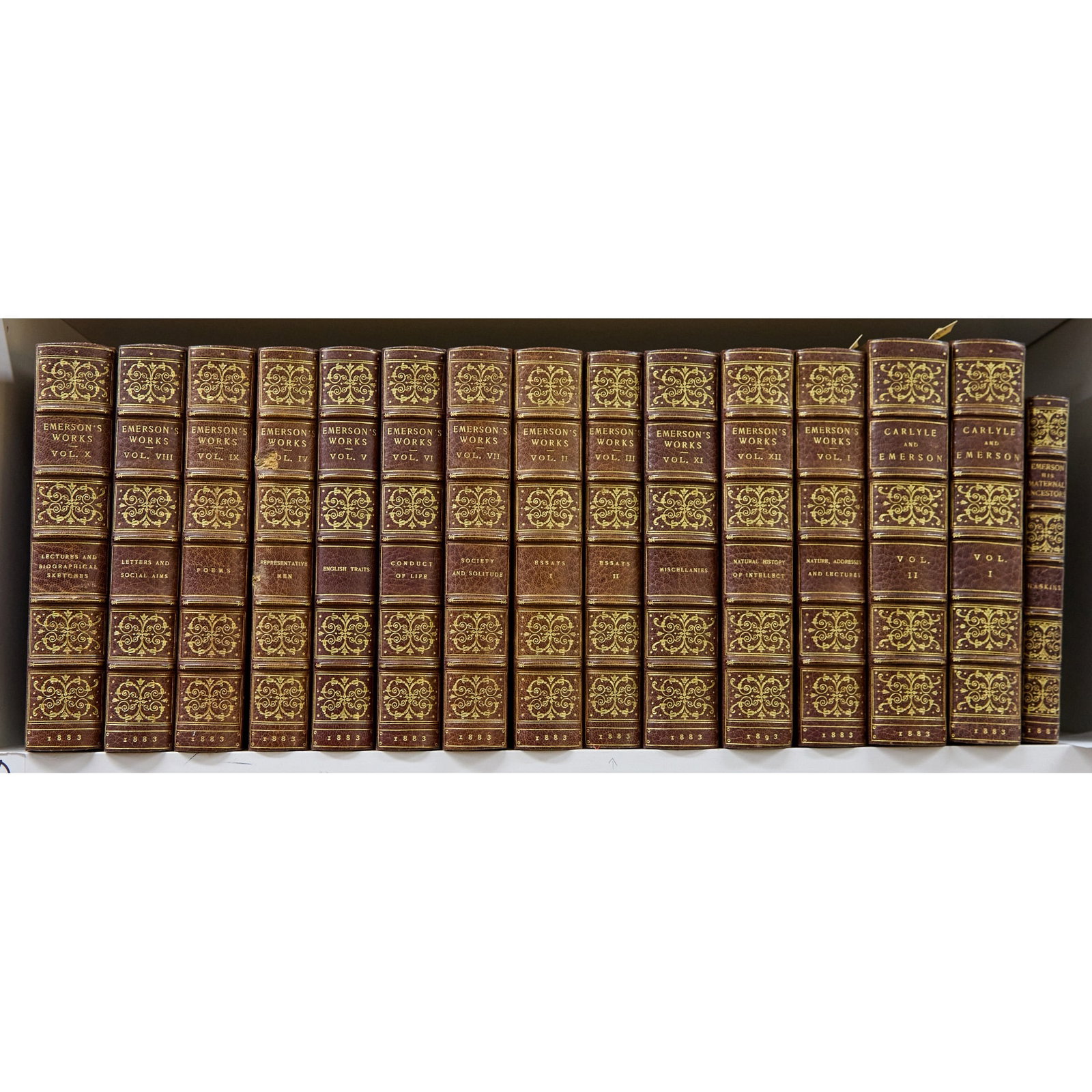 Emerson's complete works with accompanying letter: EMERSON, RALPH WALDO The Complete Works. Cambridge: Riverside Press, 1883 et seq; and two additional works in three volumes (see below). The Riverside Edition, one