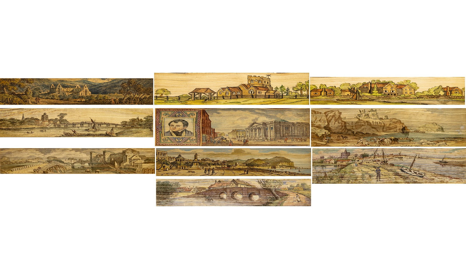 Group of fore-edge paintings from the 1920s and 1930s: [FORE-EDGE PAINTINGS] Group of ten fore-edge paintings. Comprises MOORE, THOMAS. Lalla Rooks. Period straight-grain purple morocco with a very fine double fore-edge painting "Portrait of Tho