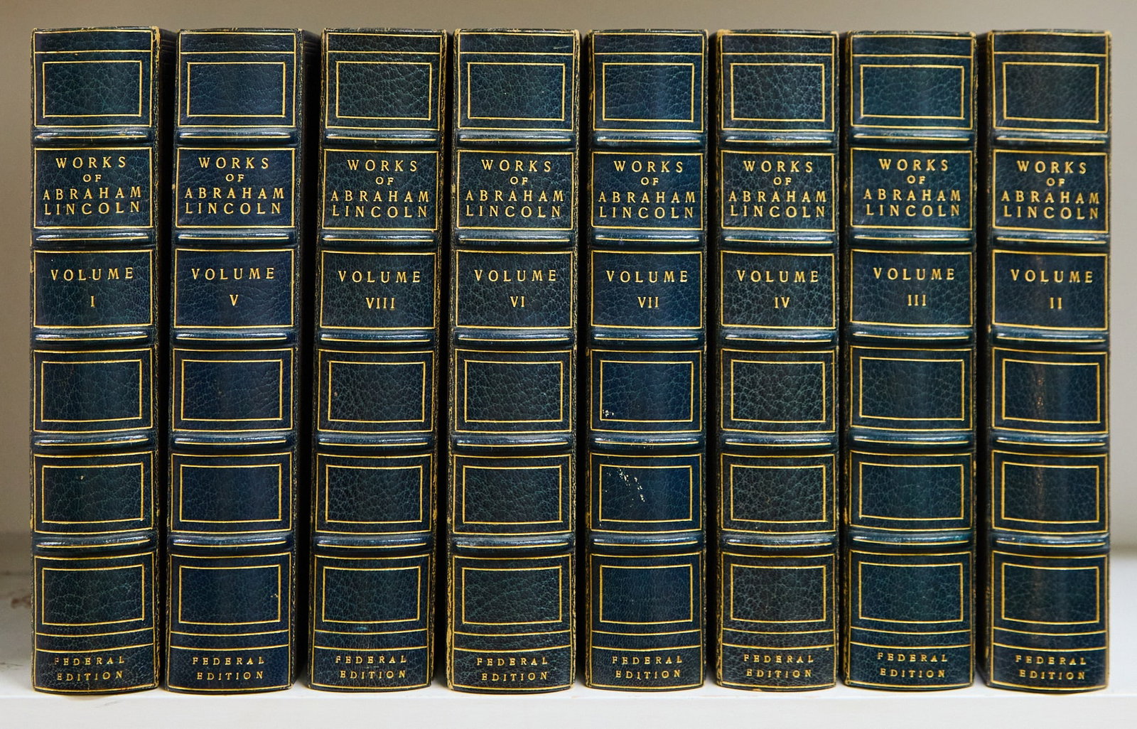 Among the best editions of Lincoln's works: LINCOLN, ABRAHAM Works of Abraham Lincoln. New York: G.P. Putnam's Sons, 1905-06. Federal edition, number 100 of 1000 sets. 8 volumes, full blue morocco gilt, blue mo