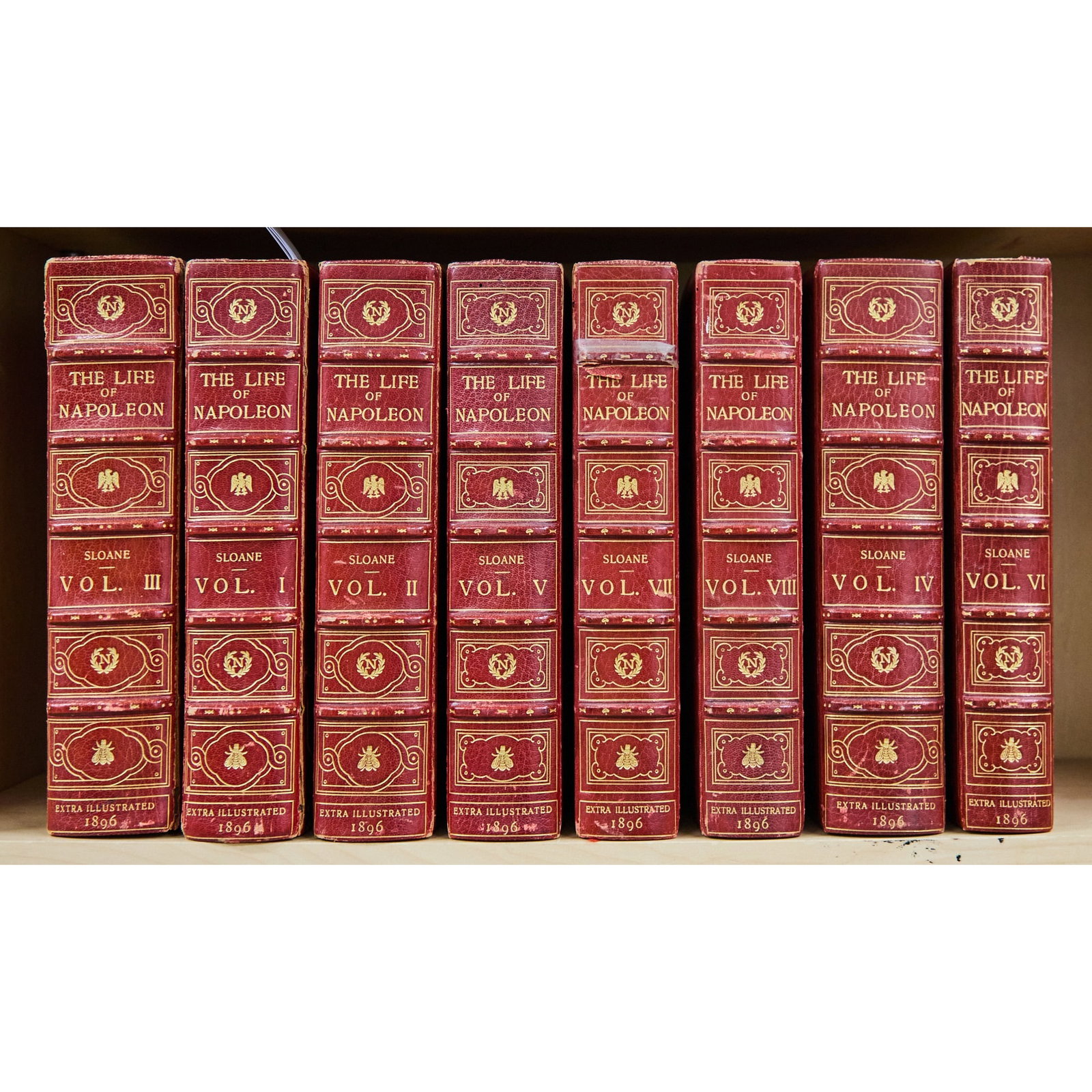 With two documents signed by Napoleon: SLOANE, WILLIAM MULLIGAN Life of Napoleon Bonaparte ... Special Extra Illustrated Copy in Eight Volumes. New York: The Century Co., 1896. Eight volumes, full red morocco gilt by Bayntun, covers with t