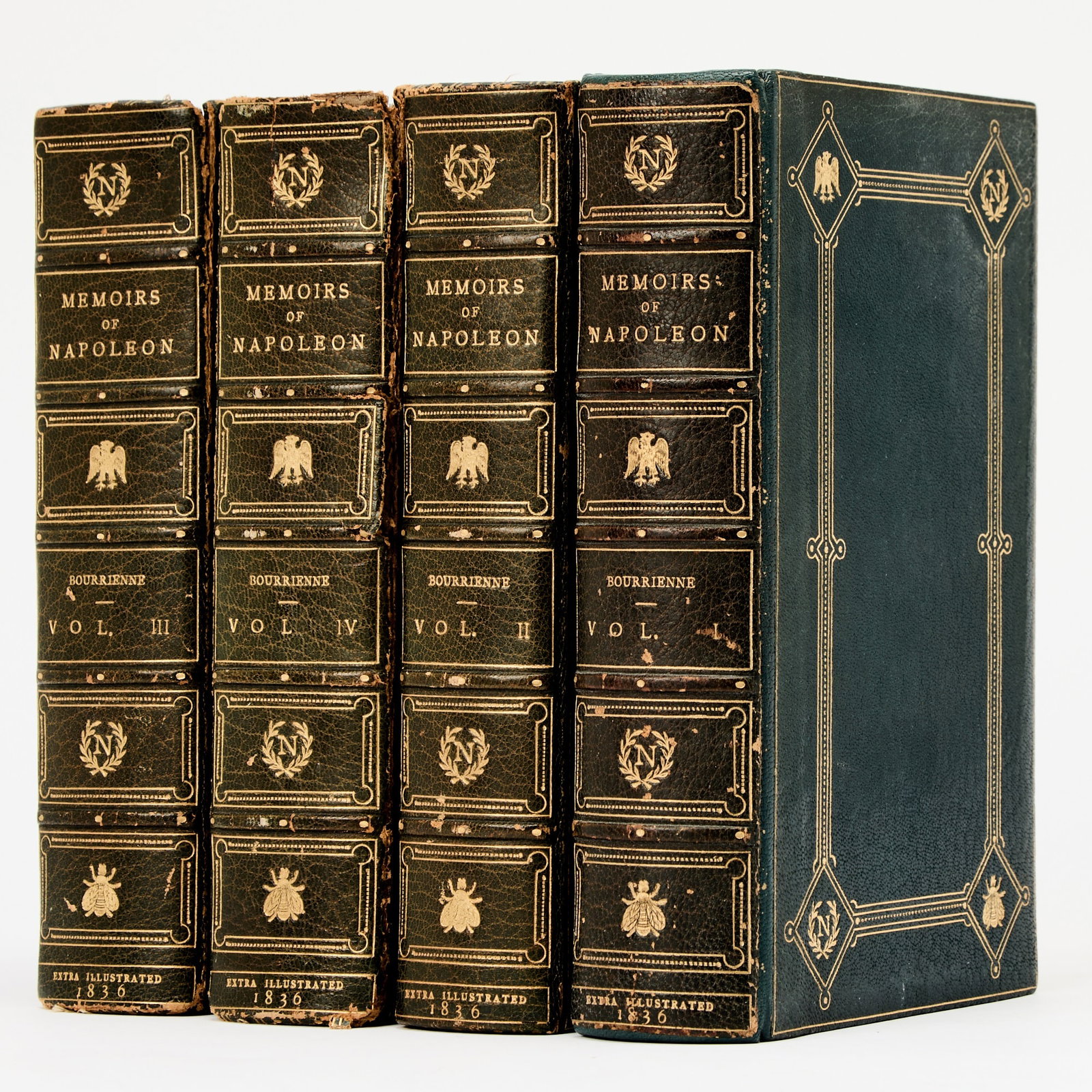 An extra-illustrated set of Bourienne's memoirs of Napoleon.: [NAPOLEON] BOURIENNE, [LOUIS ANTOINE FAUVELET DE.] Memoirs of Napoleon Bonaparte. London: Richard Bentley, 1836. Four volumes, blue crushed morocco gilt with eagles, bees, and laurels with the Napoleo
