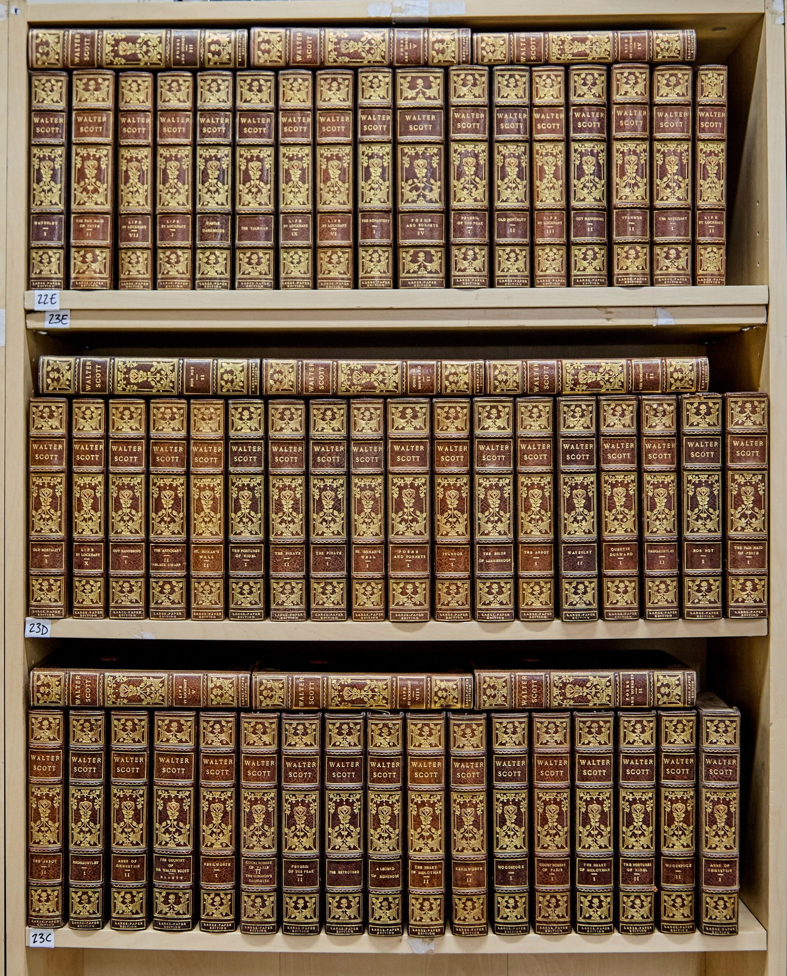 An elaborate set of Sir Walter Scott's works: SCOTT, SIR WALTER The Works. Boston and New York: Houghton Mifflin, 1912–1913. Large Paper Edition, number 279 of 375 sets, with an autograph letter signed laid