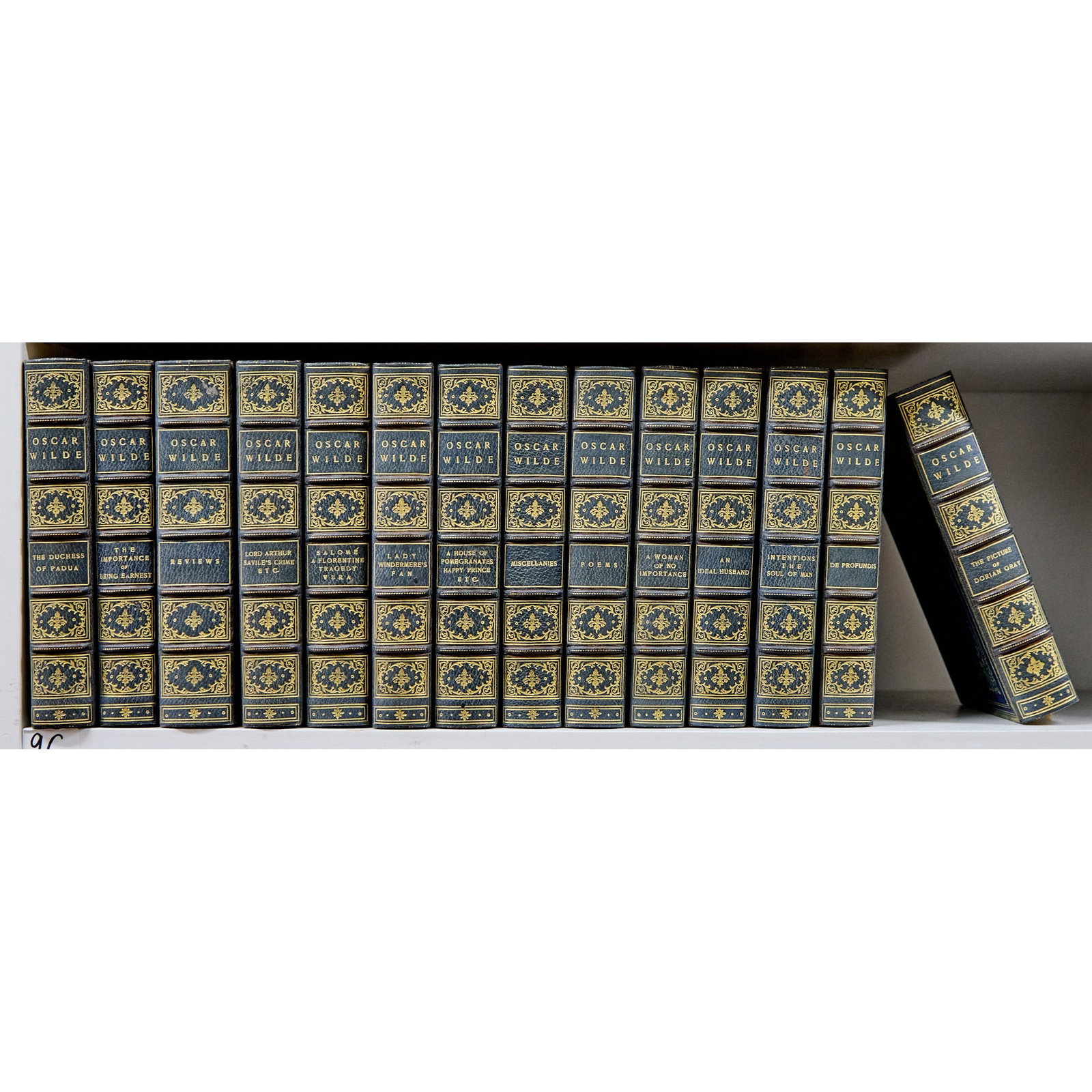 Oscar Wilde's works in blue morocco: WILDE, OSCAR Works. London and Paris: [1908]. First edition of Wilde's complete works, one of 1000 sets. Uniformly bound in blue morocco gilt. 14 volumes. Lightly rubbed; most covers with blue stains