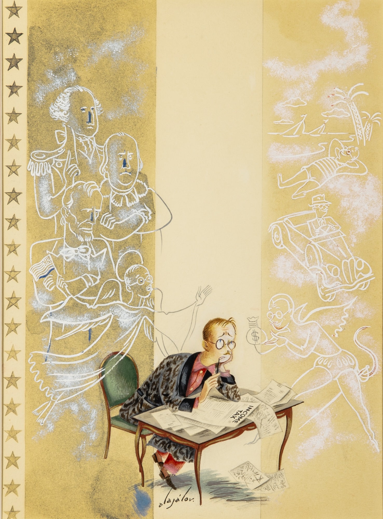 Constantin Alajalov for the New Yorker cover, March 1937: ALAJALOV, CONSTANTIN (1900–1987) [Man in dressing gown doing his taxes]. Cover art for the 13 March 1937 issue of The New Yorker. 13 1/2 x 10 inches (34.25 x 25 cm) on a larger sheet of Whatman