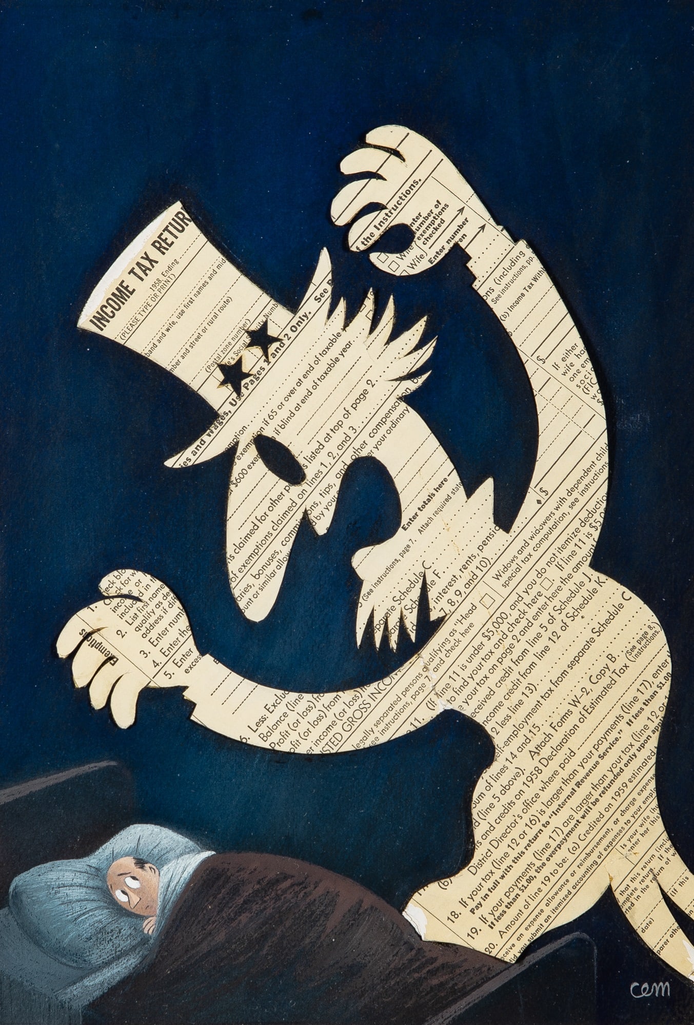 Charles Elmer Martin's classic "bogeyman" cover from the 11 April 1959 issue of The New Yorker: MARTIN, CHARLES ELMER (1910–1955) [Income tax return nightmare]. Cover art for the 11 April 1959 issue of The New Yorker. 11 1/8 x 8 3/8 inches (31 x 21 cm) on a larger sheet of illustration b