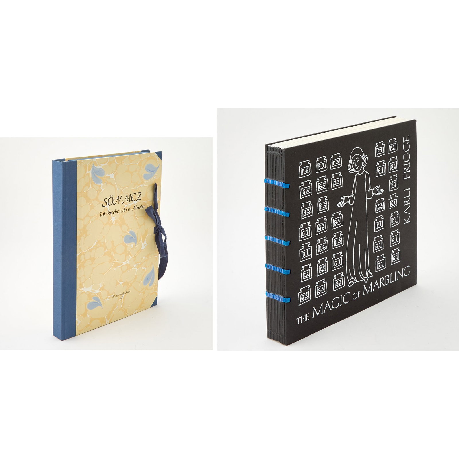 Two fine modern works on marbling: [MARBLED PAPER] Two works on marbled paper. Comprising SÖNMEZ, NEDIM AND DR. NURAN SÖNMEZ. Türkische E