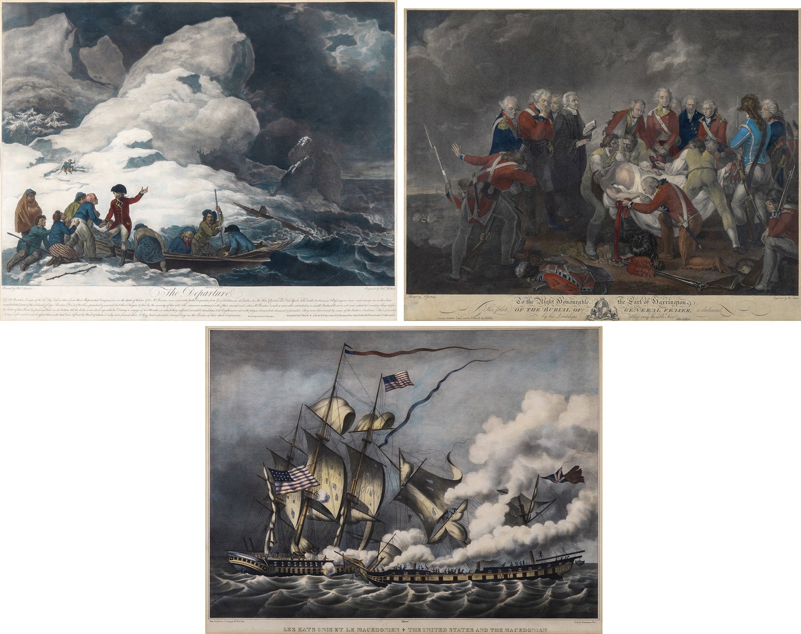 William Nutter (1754-1802) after John Graham (1754-1817): THE BURIAL OF GENERAL FRASERHand-colored engraving, 1794, published by John Jeffryes, London, framed; Together with After Robert Smirke (1753-1845). THE DEPARTURE, hand-colored engraving and aquatint,