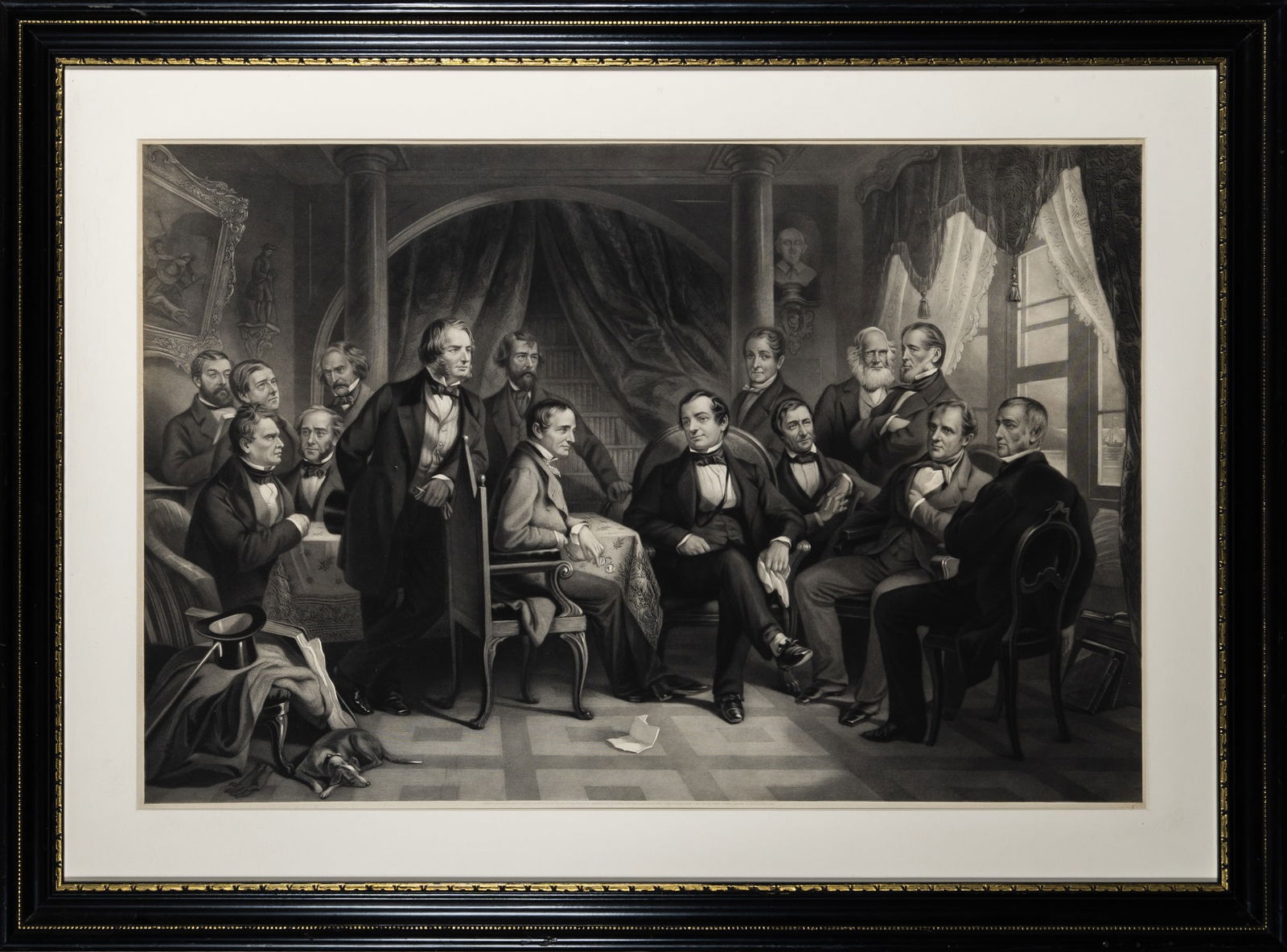 After Christian Schussele (1824-1879): WASHINGTON IRVING AND HIS LITERARY FRIENDS AT SUNNYSIDEEngraving and mezzotint, 1864, framed; Together with After Jacques Gérard Milbert (1766-1840). SAW MILL AT THE VILLAGE OF G