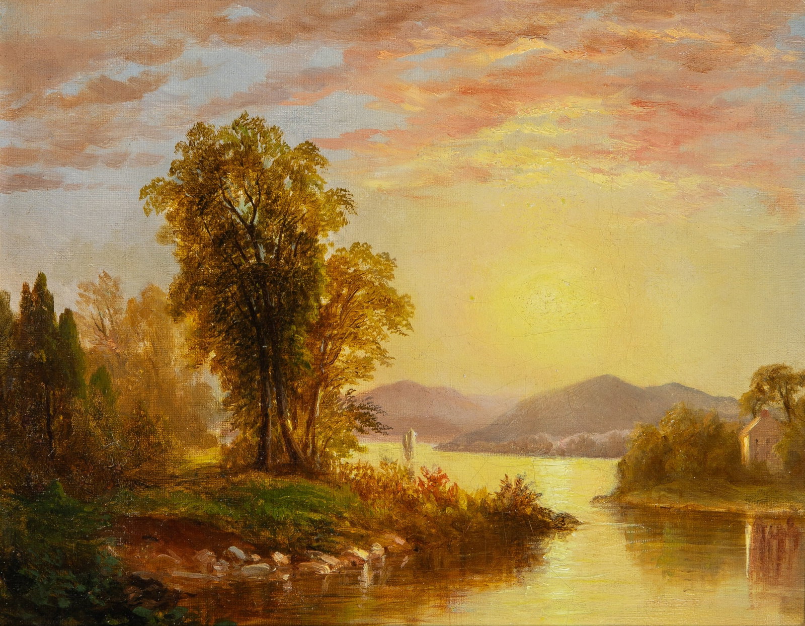 Attributed to Charles Chapin: American 1830-1889 River Sunset Oil on canvas mounted on Masonite 8 x 10 inches (framed 12 5/8 x 14 3/4 inches) A few careful touches of inpainting, primarily located at the edges.