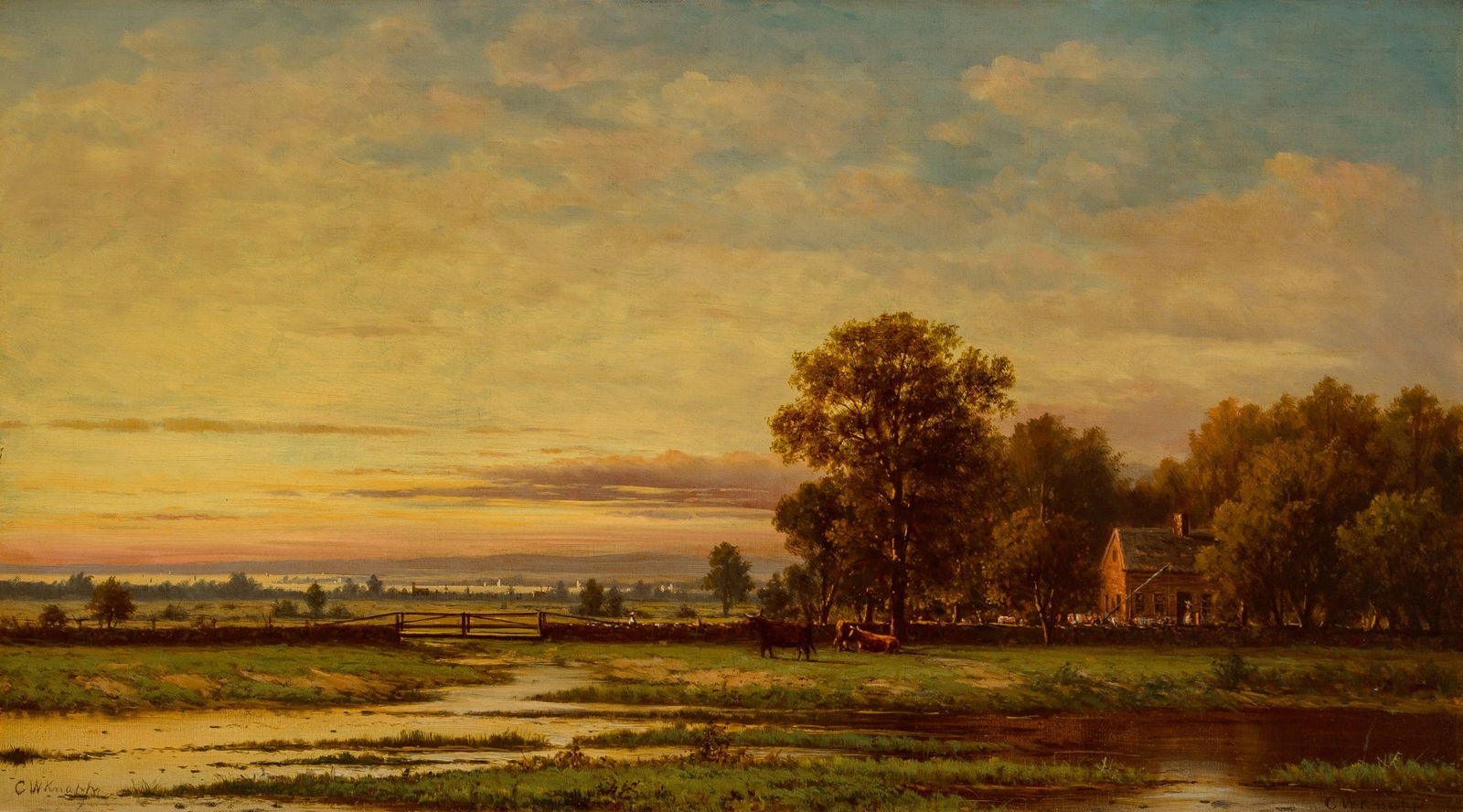 Charles Wilson Knapp: American 1823-1900Farm House on the MarshSigned C W Knapp (lr)Oil on canvas18 x 32 inches (Framed 27 1/2 x 52 inches) A few small touches of inpainting at the edges