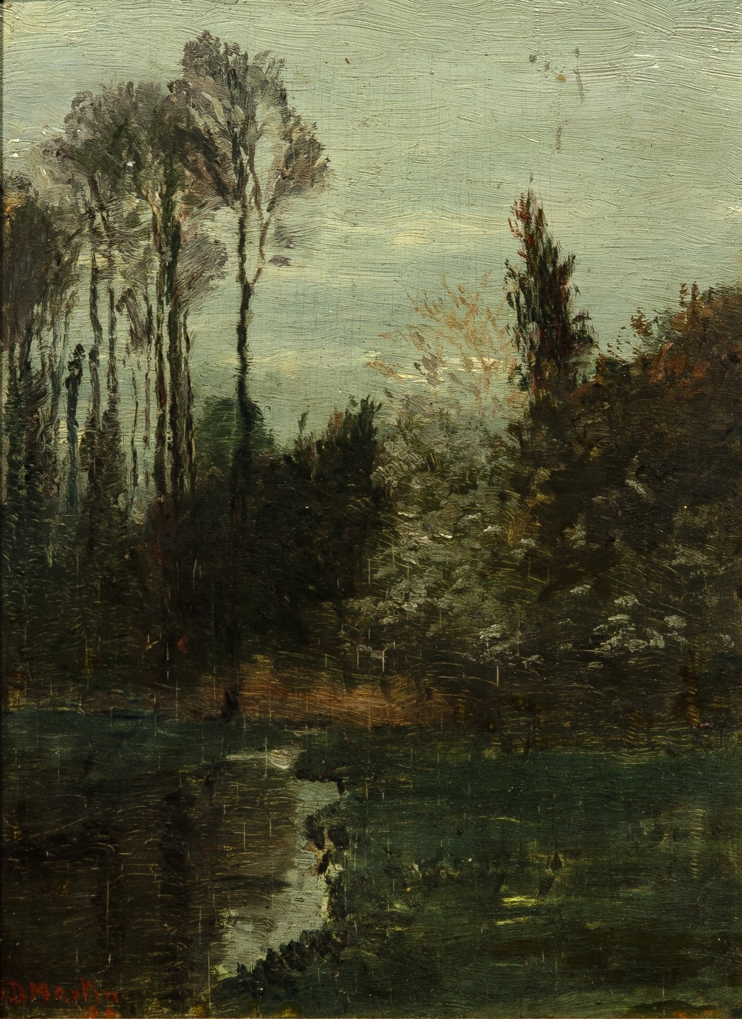 Homer Dodge Martin: American 1836-1897 Borea River, NY Signed H. Martin and dated indistinctly (ll) Oil on canvas 8 x 6 inches (Framed 11 1/2 x 9 1/2 inches) Craquelure; wax relined; inpainting in the sky and