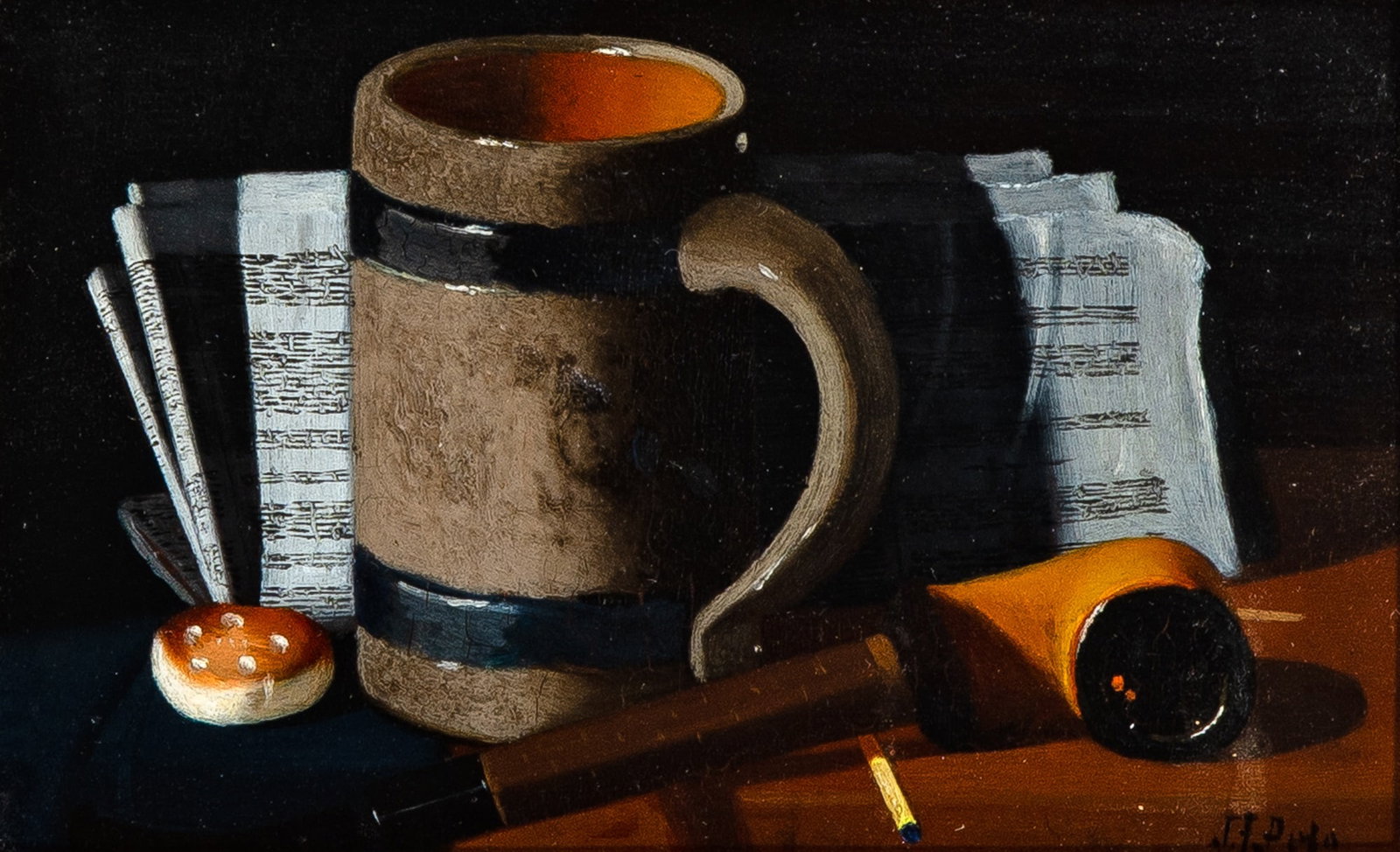 John Frederick Peto: American, 1854-1907Pipe, Mug, and MusicSigned J. F. Peto (lr)Oil on panel4 1/8 x 6 1/2 inches Provenance:Meredith Long & Company, Houston, TXPrivate collection by 1982Christie's