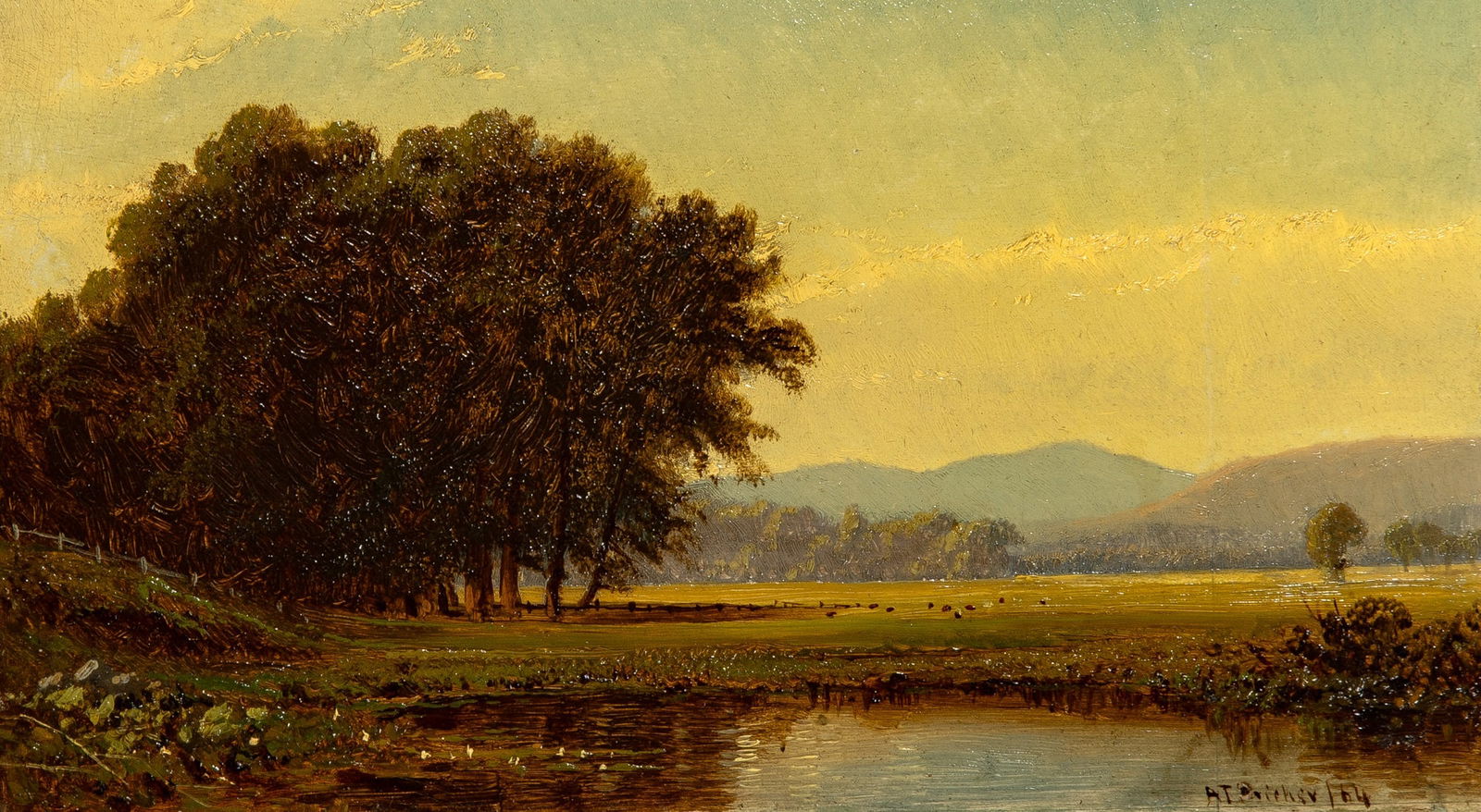Alfred Thompson Bricher: American 1837-1908Pasturelands, 1864Signed A T Bricher and dated 64 (lr)Oil on board5 1/2 x 9 1/2 inchesProvenance:Collection of Dr. Clar S. MarlorChristie's East,