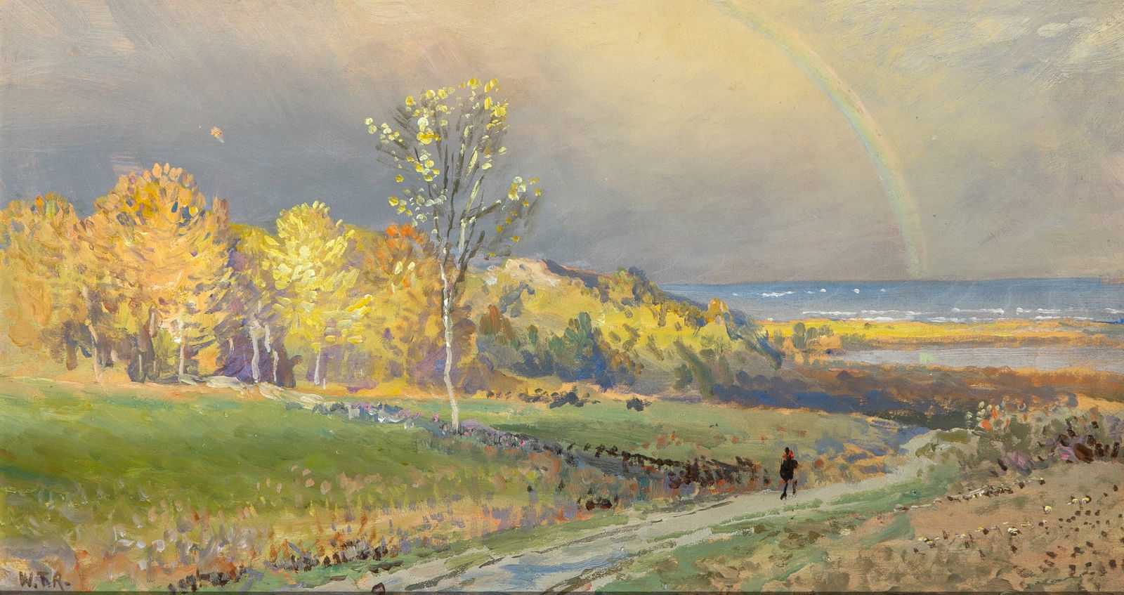 William Trost Richards: American 1833-1905Rhode Island Coastal Landscape with Figure and RainbowInitialed W.T.R. (ll)Oil on panel8 3/4 x 16 inches Provenance:Family of the artistWilliam Vareika Fine Arts, Newpor