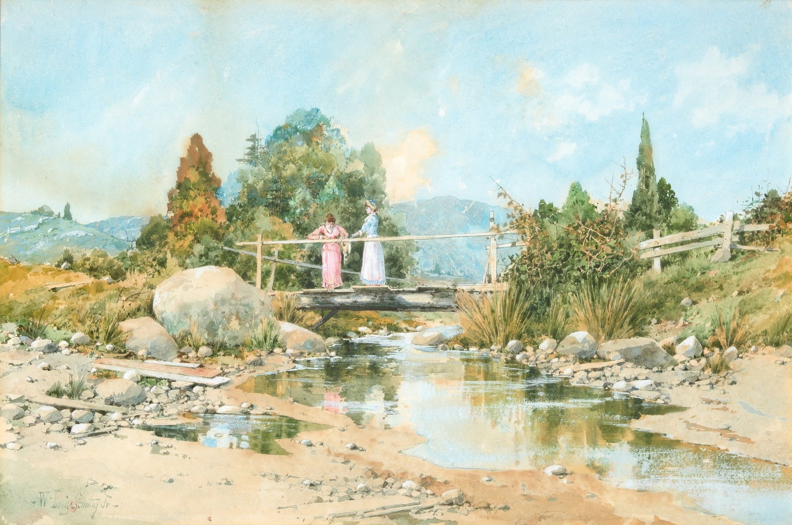 William Louis Sonntag, Jr.: American, 1869-1898Across the BrookSigned W Louis Sonntag Jr (ll); inscribed as titled on the reverseWatercolor on paper14 1/8 x 21 1/8 inches (Framed 22 3/4 x 29 3/4 inches) T