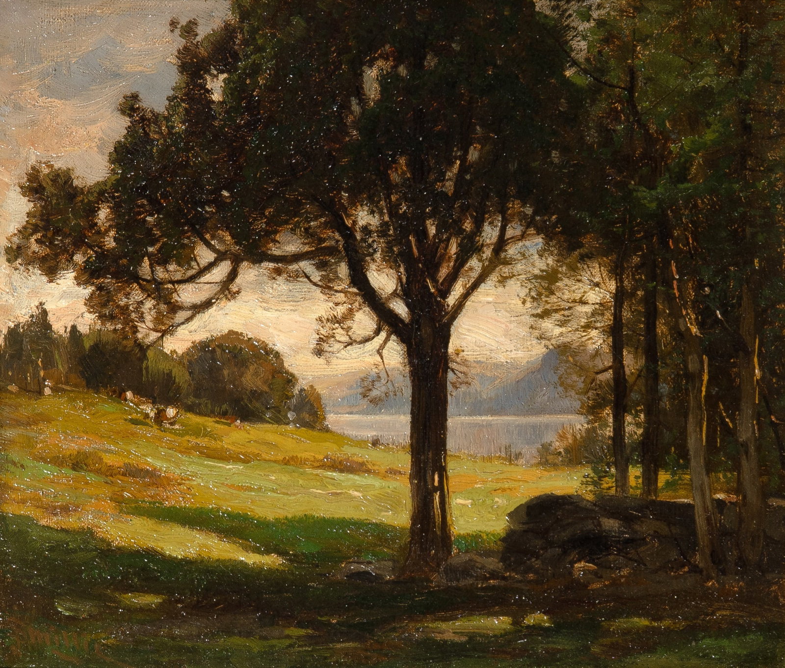 James David Smillie: American 1833-1909 Clearing by a Lake Signed with conjoined initials J Smillie (ll); inscribed indistinctly on the stretcher bar Oil on canvas 7 3/8 x 8 5/8 inches (Frames 13 x 14 1/4) Careful