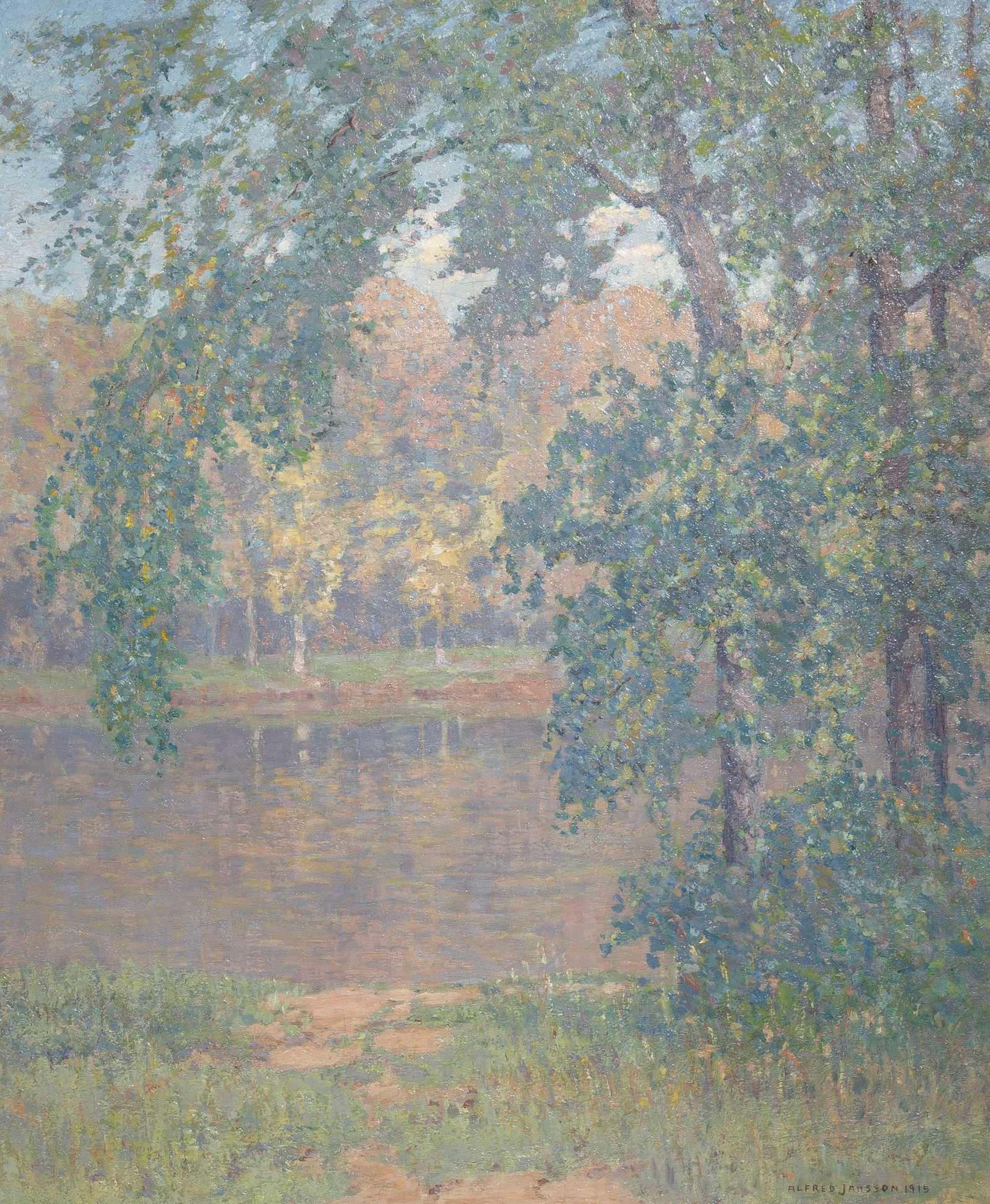 Alfred Jansson: Swedish/American 1963-1931 Landscape, 1915 Signed Alfred Janssen and dated 1915 (lr) Oil on canvas 30 1/8 x 25 1/8 inches (Framed 40 1/2 x 35 1/4 inches) Relined; losses at the edges; craquelure;