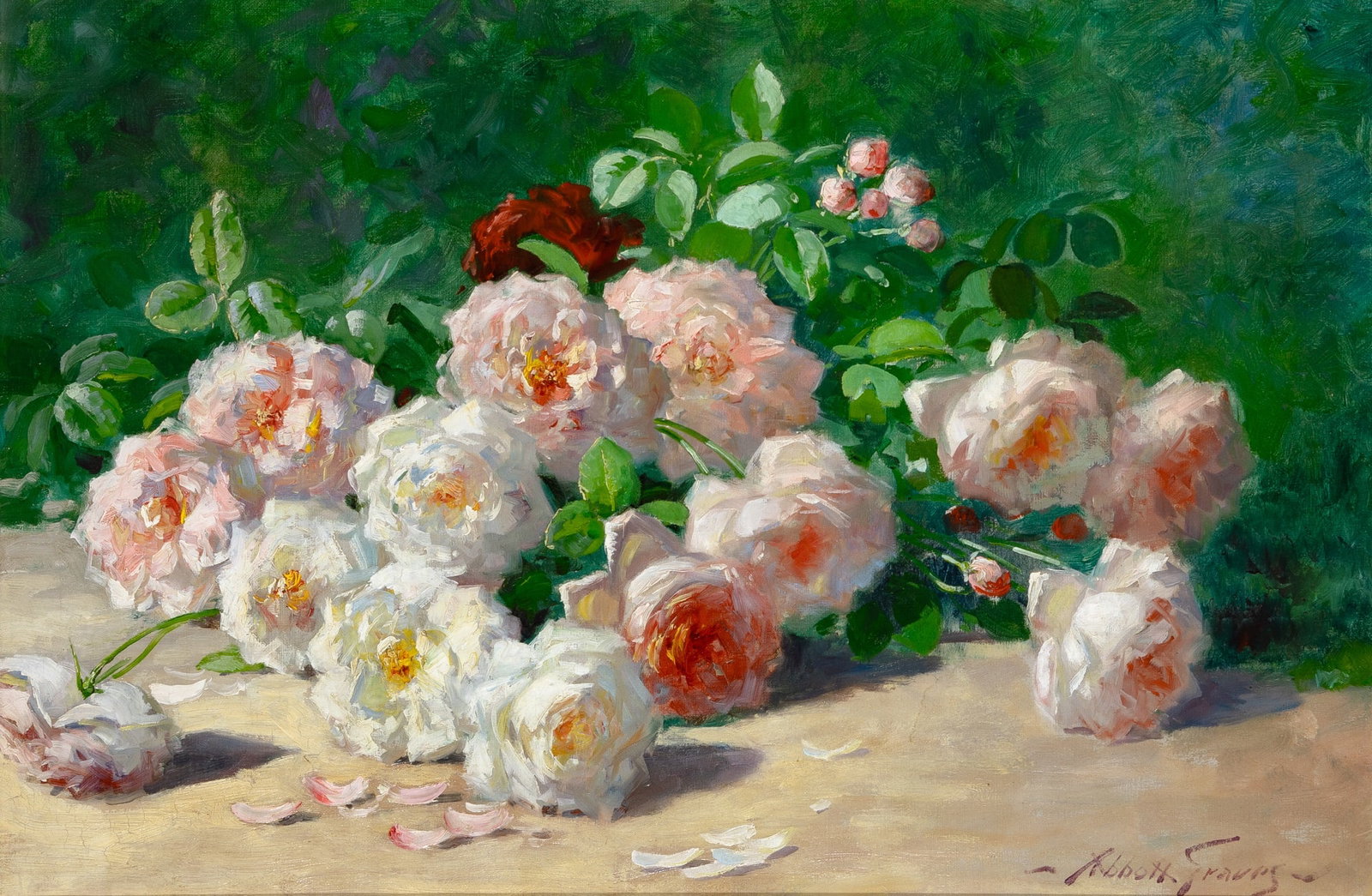 Abbott Fuller Graves: American 1859-1936Still Life with RosesSigned Abbott Graves (lr)Oil on canvas mounted to Masonite18 1/4 x 27 1/8 inchesProvenance: