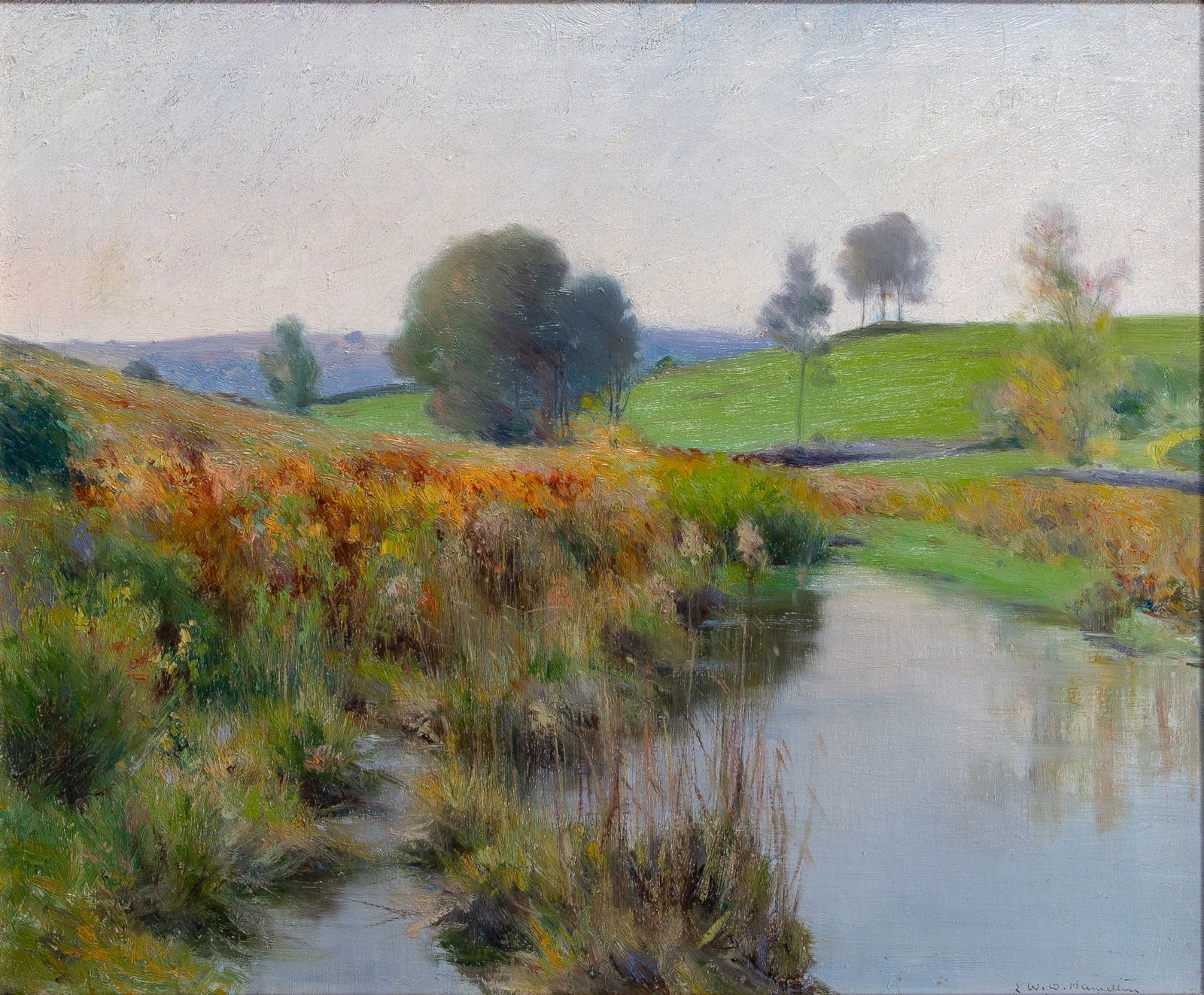 Edward Wilbur Dean Hamilton: American 1864-1943 Pond and Meadow Signed E W. D. Hamilton (lr) Oil on canvas 18 5/8 x 22 1/8 inchesProvenance: Berry-Hill Galleries, New York (Framed 27 x 30 1/2 inches) There is a small (1 1/2