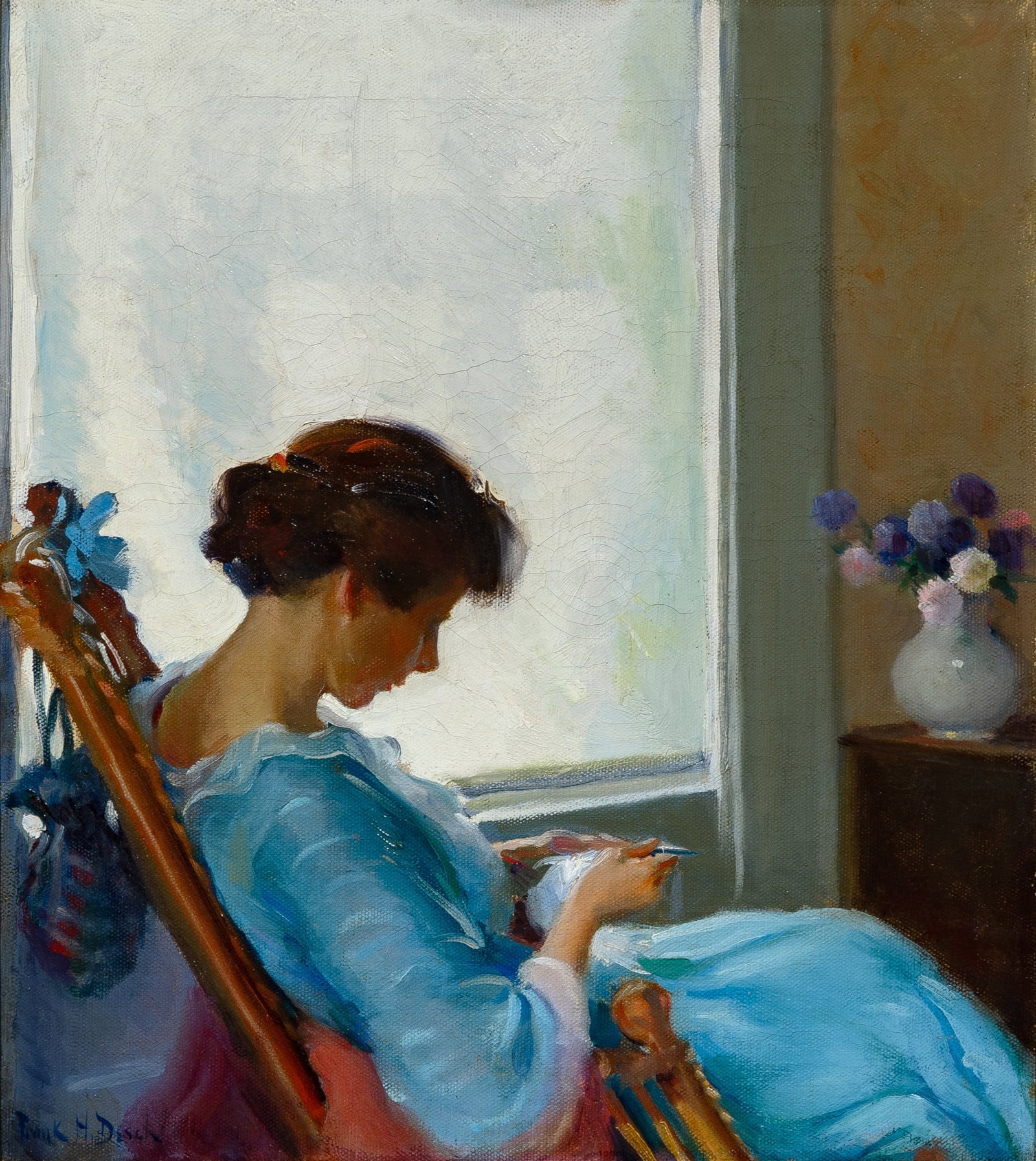 Frank Desch: American 1873-1934 The Blue Negligee Signed Frank H. Desch (ll) Oil on canvas 18 1/8 x 16 inches Provenance: A. J. Kollar Fine Paintings, Seattle, WA (Framed 27 1/4 x 25 1/4 inches) Wax relined;