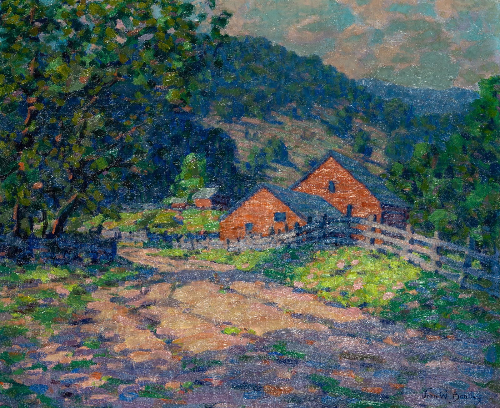 John William Bentley: American 1880-1951The Red BarnSigned John W Bentley (lr)Oil on canvas 20 x 24 inches (Framed 25 3/4 x 29 3/4 inches) Craquelure.