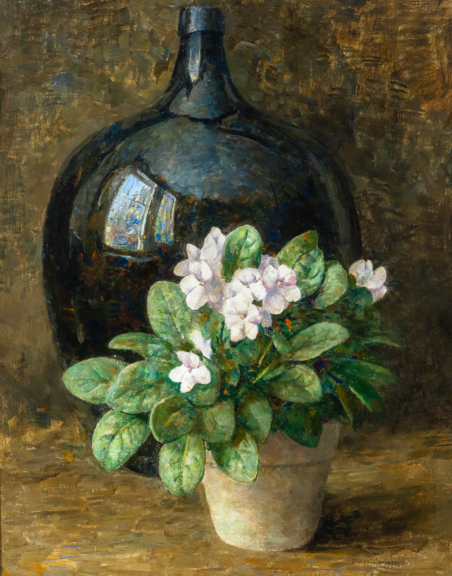 Dines Carlsen: American 1901-1966White African VioletsSigned Dines Calsen (lr); signed Dines Carlsen, N. A., and inscribed Falls Village, Conn. and as titledOil on panel20 x 16 inchesProvena