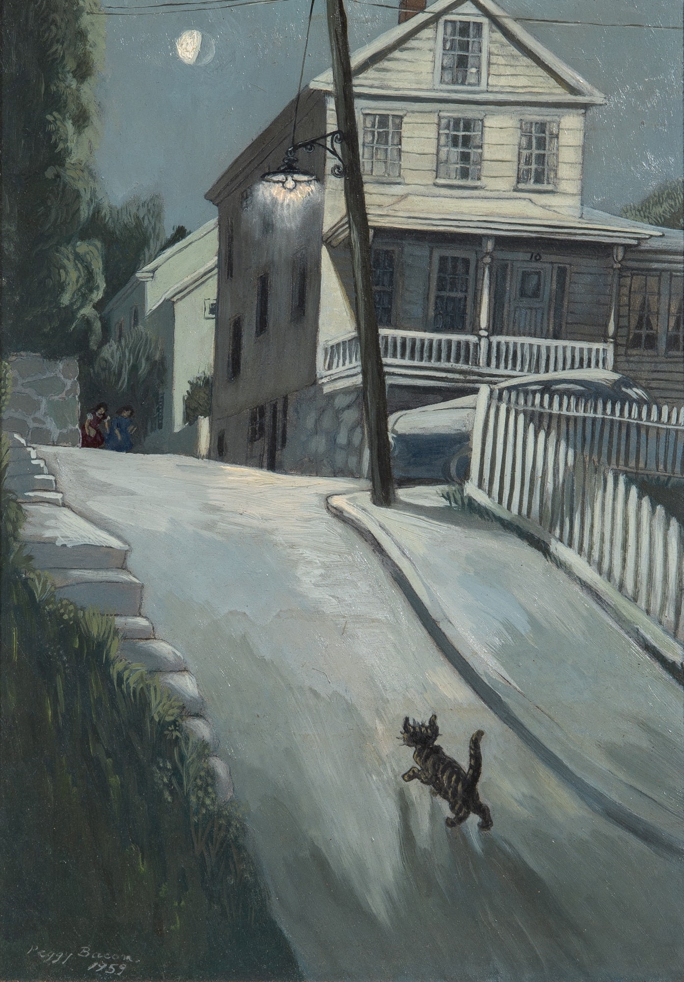 Peggy Brook (Margaret) Bacon: American 1895-1987 Going Home, 1959 Signed Peggy Bacon and dated 1959 (ll) Oil on board 14 x 10 inches Provenance: Kraushaar Galleries, New York (Framed 19 1/4 x 15 1/4 inches) In fine condition