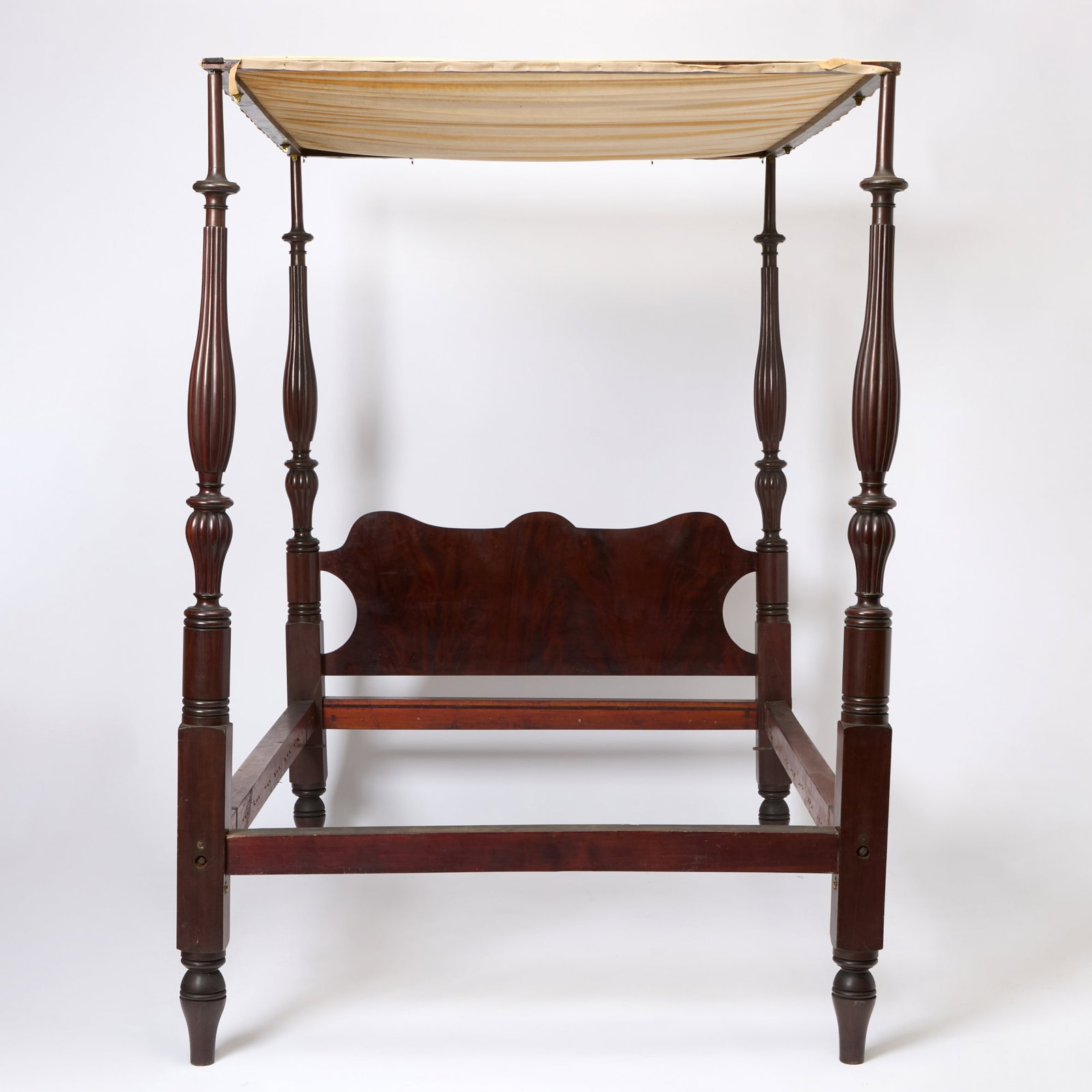 Classical Mahogany Bedstead: First quarter 19th centuryWith fluted posts and turned headboard. Height 7 feet 4 inches, width 6 feet 8 inches, depth 52 inches.