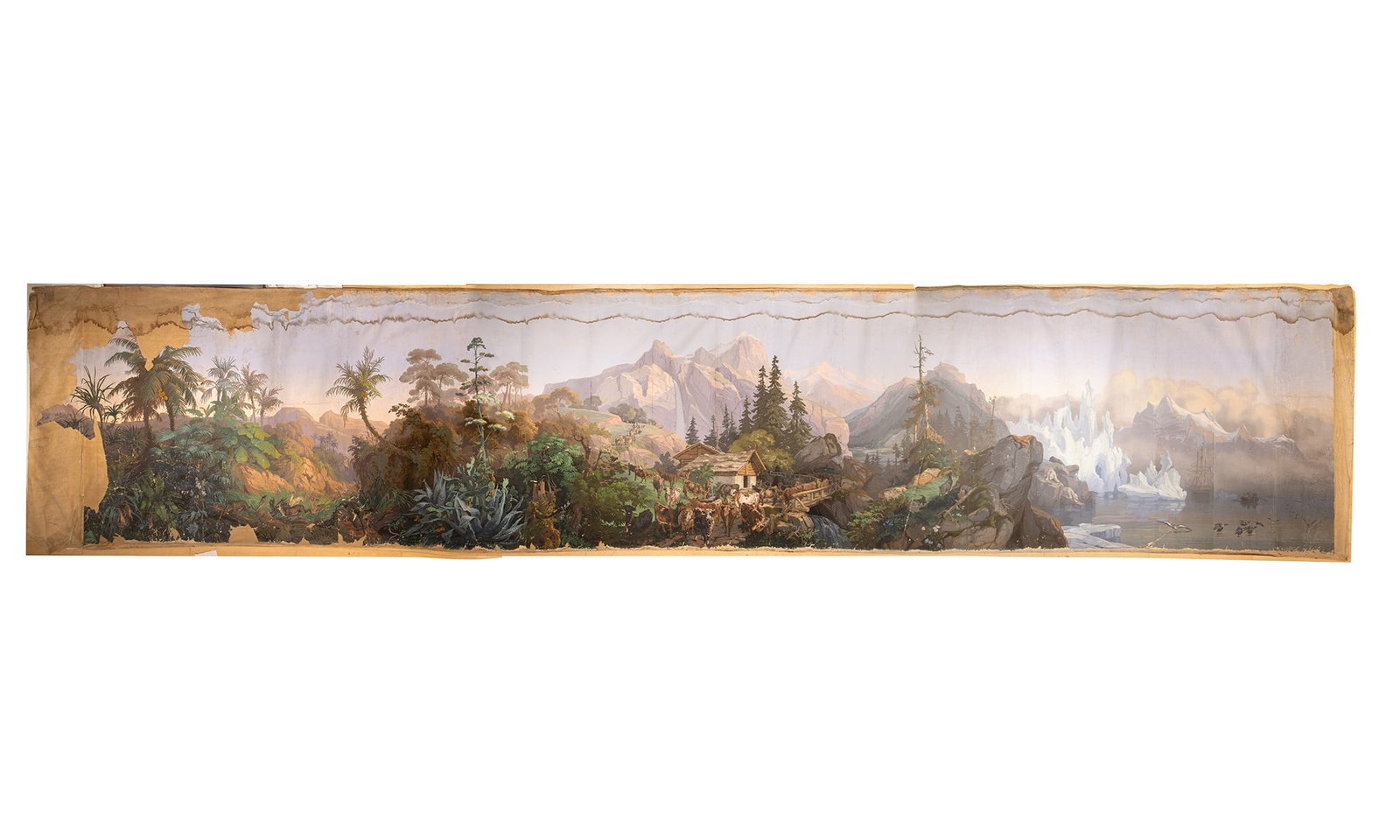 Zuber Hand-Painted Wallpaper Panel: "Les Zones Terrestre", circa 1848 Mounted on cloth. Height 7 feet 4 inches, length 35 feet 2 inches. some damages, including water damages, losses, ripping