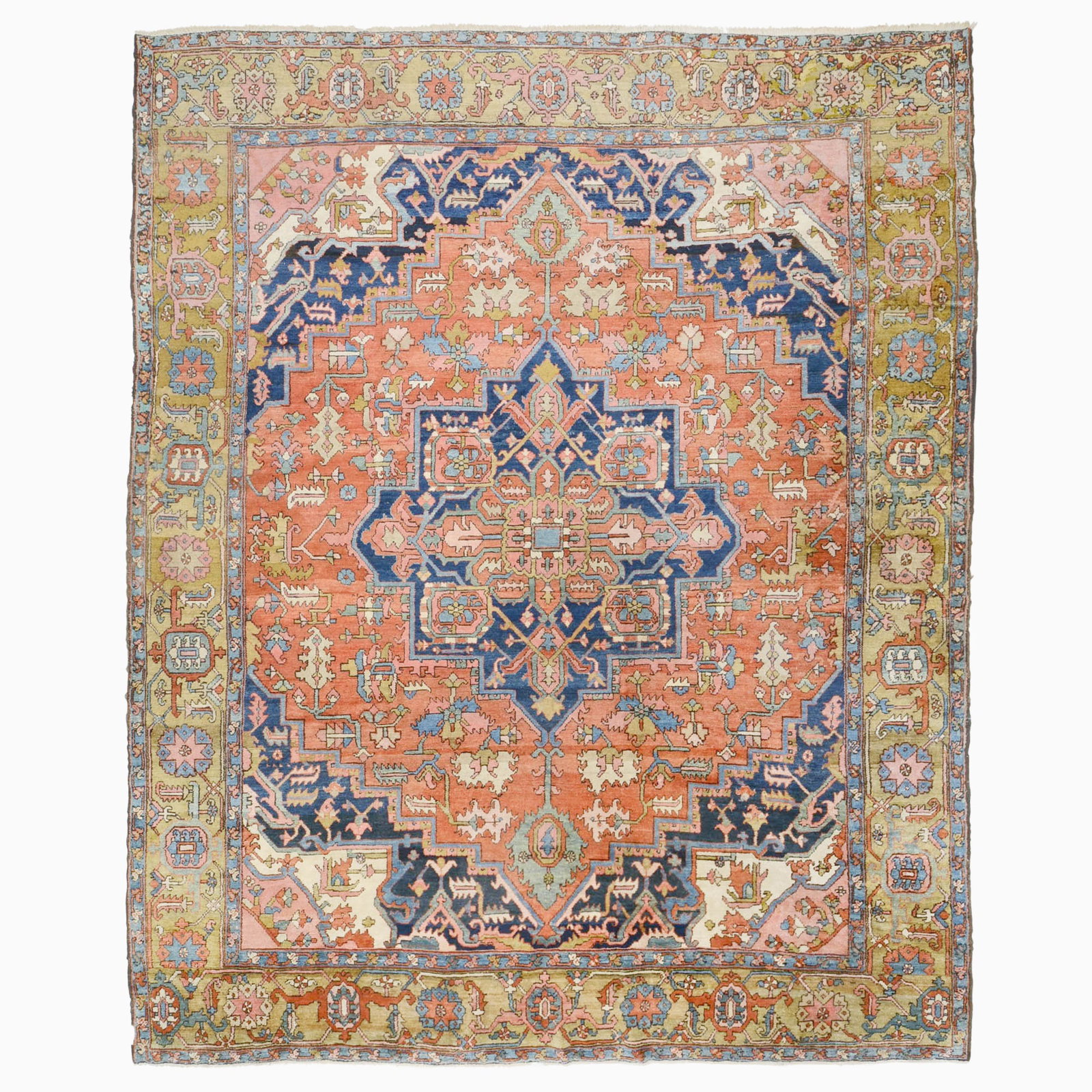 Karadja Carpet: Northwest Persia, Early 20th CenturyThe central geometric medallion on the madder field flanked by complementary spandrels is within a camel palmette and vine border. (11' 8" x 9' 8") Re-piled