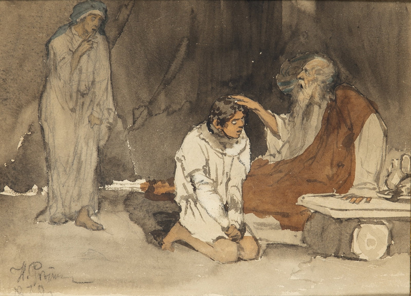 Ilya Efimovich Repin: Russian, 1844-1930 Jacob Receiving the Blessing from Isaac, 1879 Signed in Cyrillic and dated 1879 (ll) Watercolor on paper laid to board 9 3/4 x 13 1/4 inches (24.8 x 33.7 cm) Provenance: