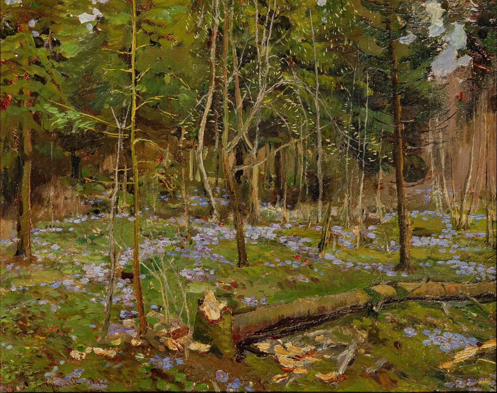 Stanislav Yulianovich Zhukovsky: Polish/Russian, 1873-1944 Spring Forest, 1911 Signed in Cyrillic and dated 1911 (ll); inscribed S. Zhukovsky on the reverse Oil on board 17 1/2 x 21 1/2 inches (44.5 x 54.6 cm) (Framed 23 1/4 x 27