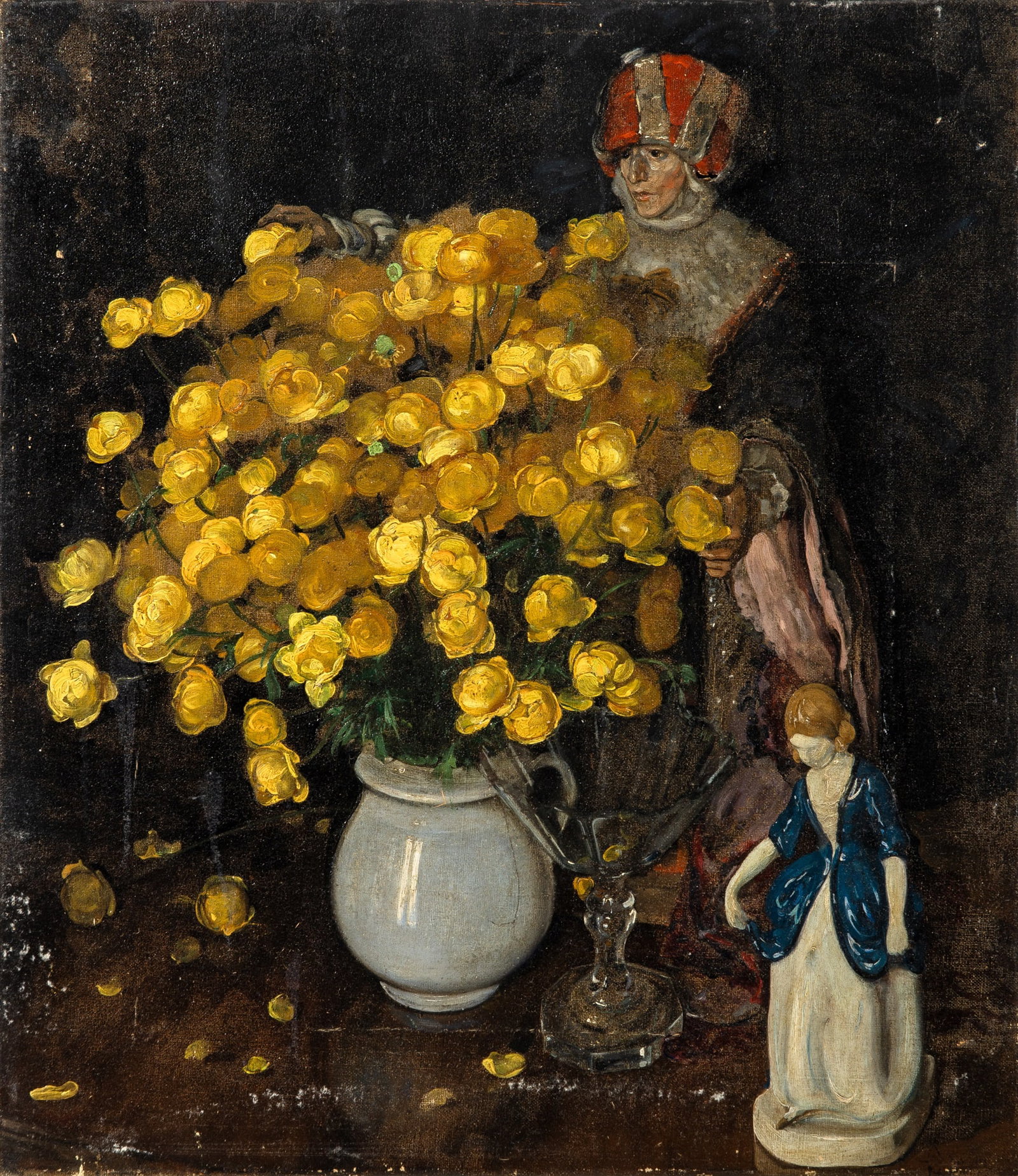 Russian School: 20th Century Still Life with Porcelain Figure Signed indistinctly (lr) Oil on canvas 22 1/4 x 19 3/8 inches (55.9 x 49.2 cm) Unframed In relatively poor condition. There is a small puncture to