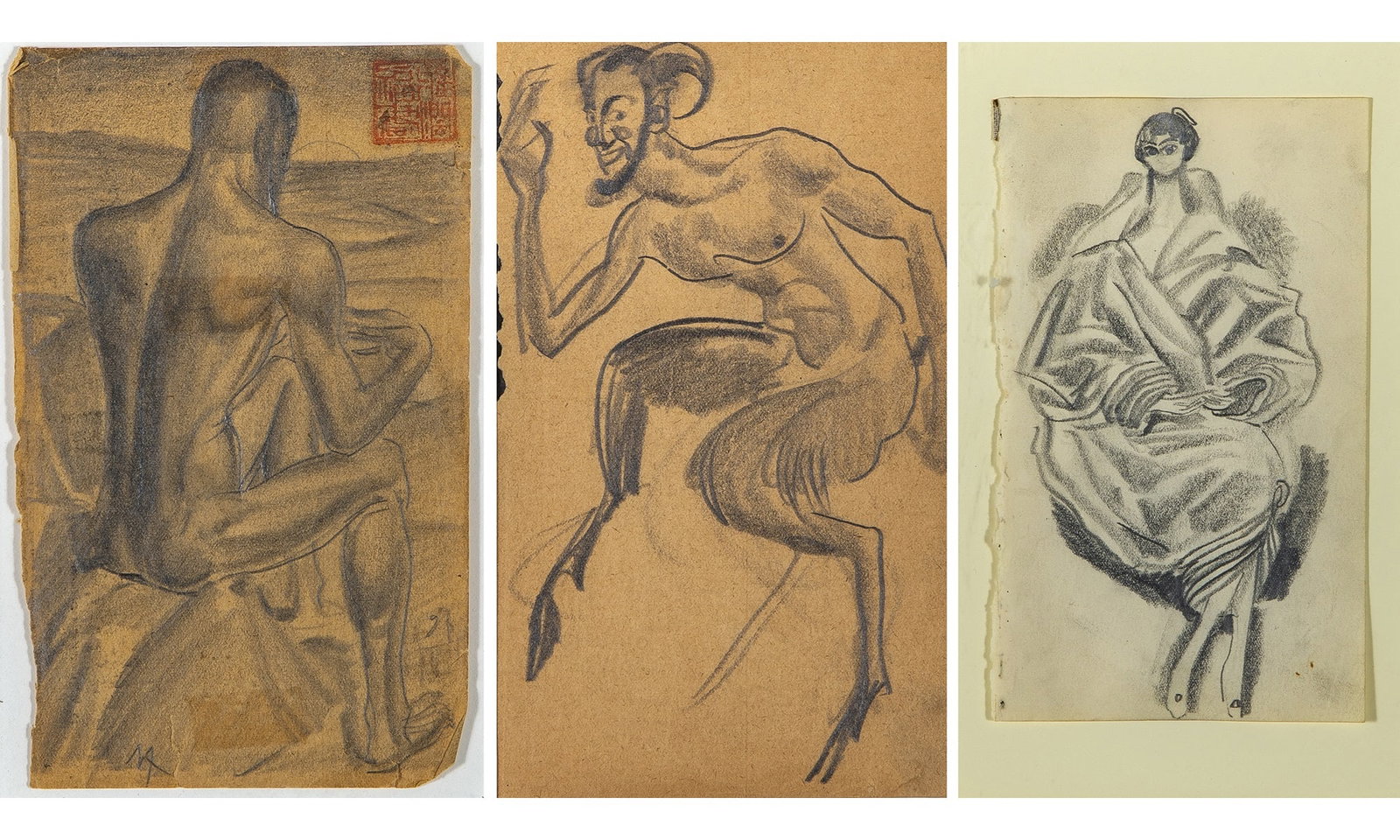 Alexandre Evgenevich Yakovlev: Russian, 1887-1938(i) Seated FigureWith chop mark (ur)Pencil on paper 6 5/8 x 4 inches (16.8 x 10.2 cm)(ii) Faun Pencil on paper Sight 6 5/8 x 3 7/8 inches (16.8 x 9.8 cm)(iii)