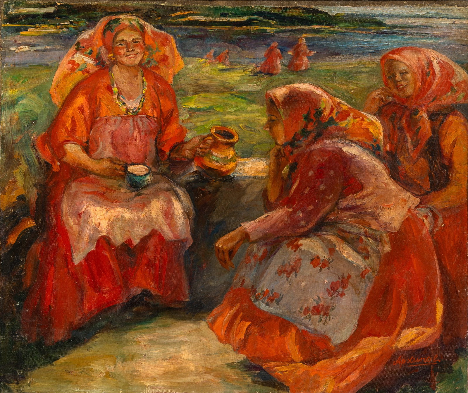 Abram Efimovich Arkhipov: Russian, 1862-1930 Women Drinking Tea Signed Arkhipov Cyrillic (lr) Oil on canvas laid to board 20 1/2 x 24 inches (52.1 x 61 cm) Provenance: Sale, Hotel de Ventes Vanderkindere, Brussels, September