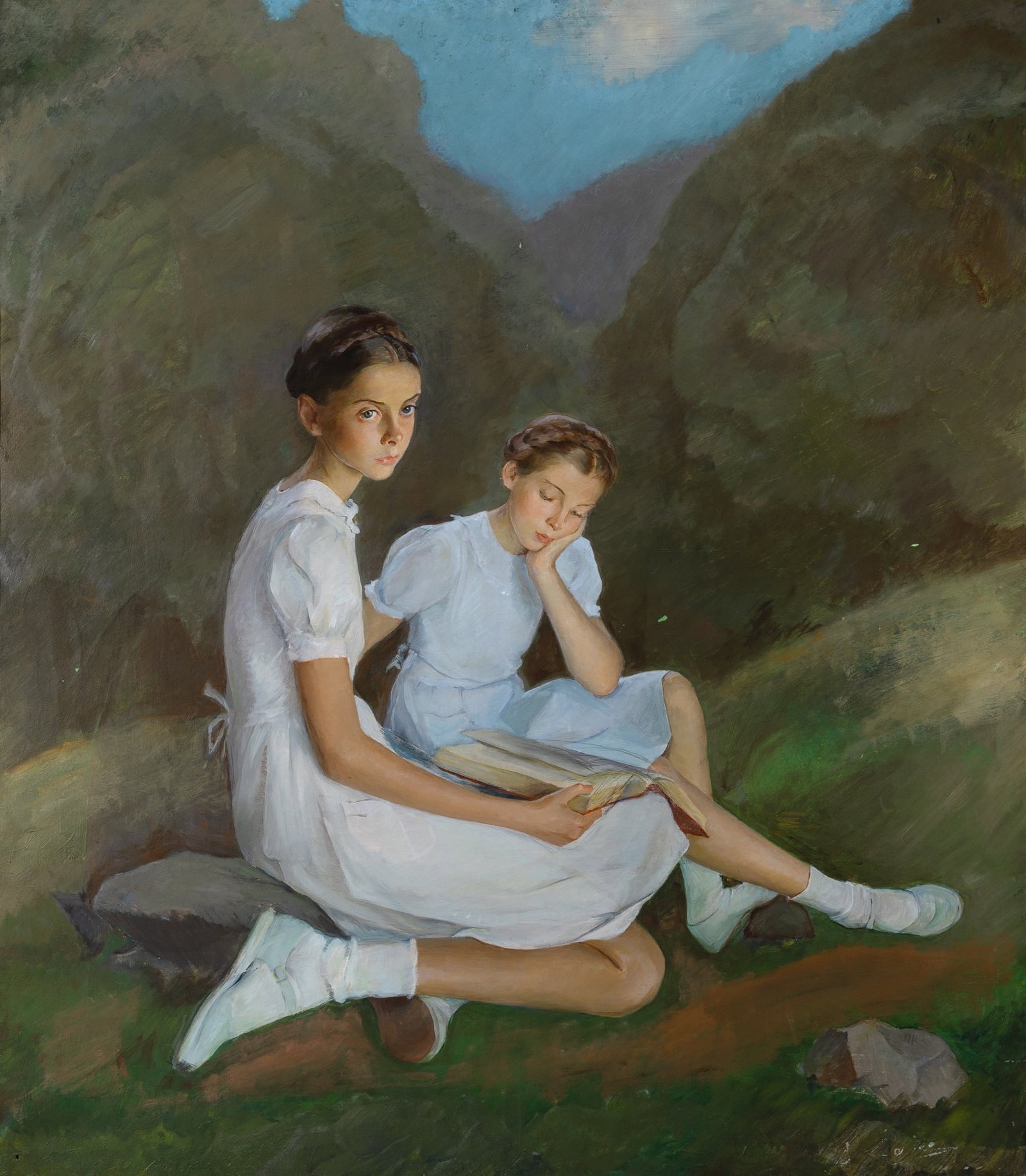 Savely Sorine: Belarusian, 1878-1953 Two Girls Reading Signed S. Sorine (lr) Oil on canvas 47 1/4 x 41 inches (120 x 104 cm) (Framed 50 1/2 x 44 1/2 inches) A few scattered small paint losses. Pinholes in the