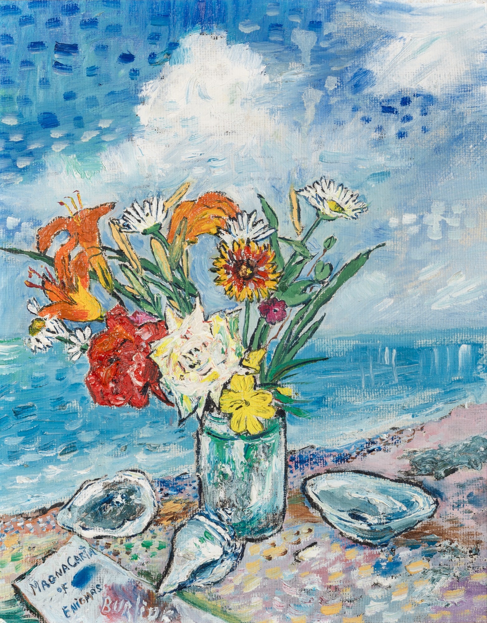 David Burliuk: Ukrainian, 1882-1967 Magna Carta of Enigmas Signed Burliuk (ll) Oil on canvasboard 20 x 16 inches (50.8 x 40.6 cm) This work is accompanied by a letter of authentication from the Burliuk Foundation.