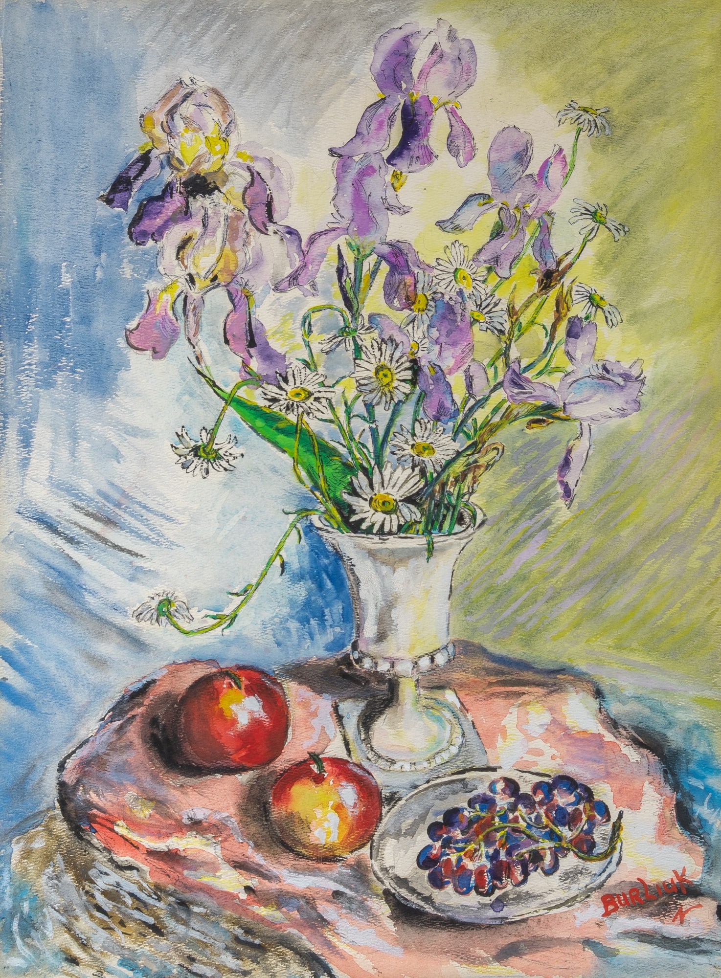 David Davidovich Burliuk: Russian, 1882-1967Still Life with Apples, Grapes and Flowers Signed Burliuk (lr)Watercolor on paper23 5/8 x 17 1/2 inches (60 x 44.5 cm) (Framed 33 1/4 x 27 1/4 inches) The she