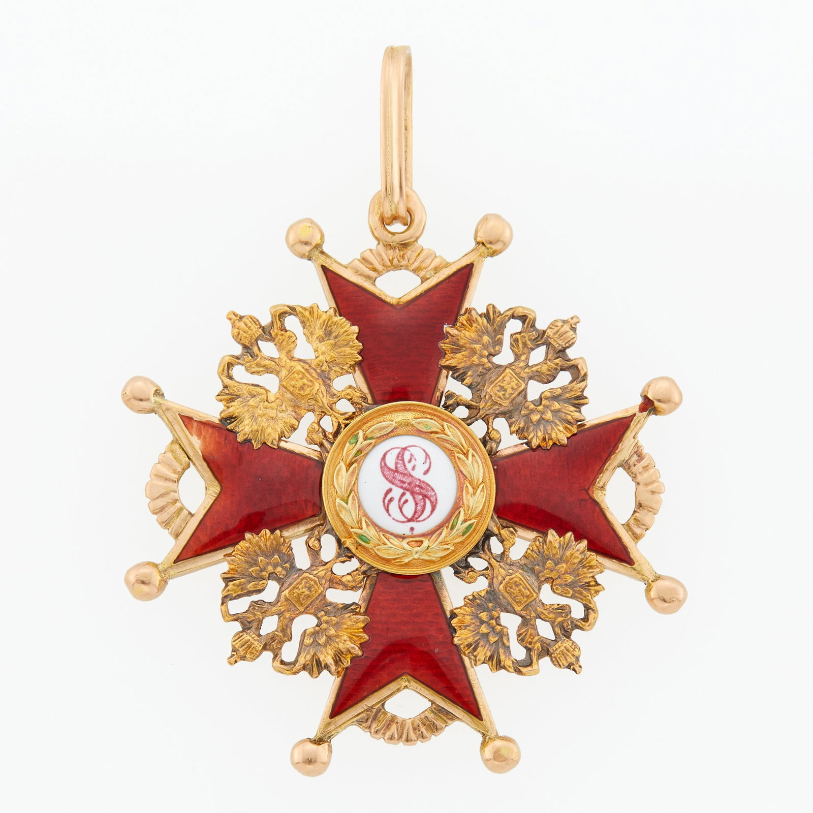 Russian Gold and Enamel Cross of St. Stanislas, Second Class: Indistinctly marked, probably Eduard, workmaster's initials Cyrillic VD, St. Petersburg, 1908-1917 Width 1 13/16 inches (46 mm). Two eagles reattached and soldered. Minor loss to enamel on one arm of