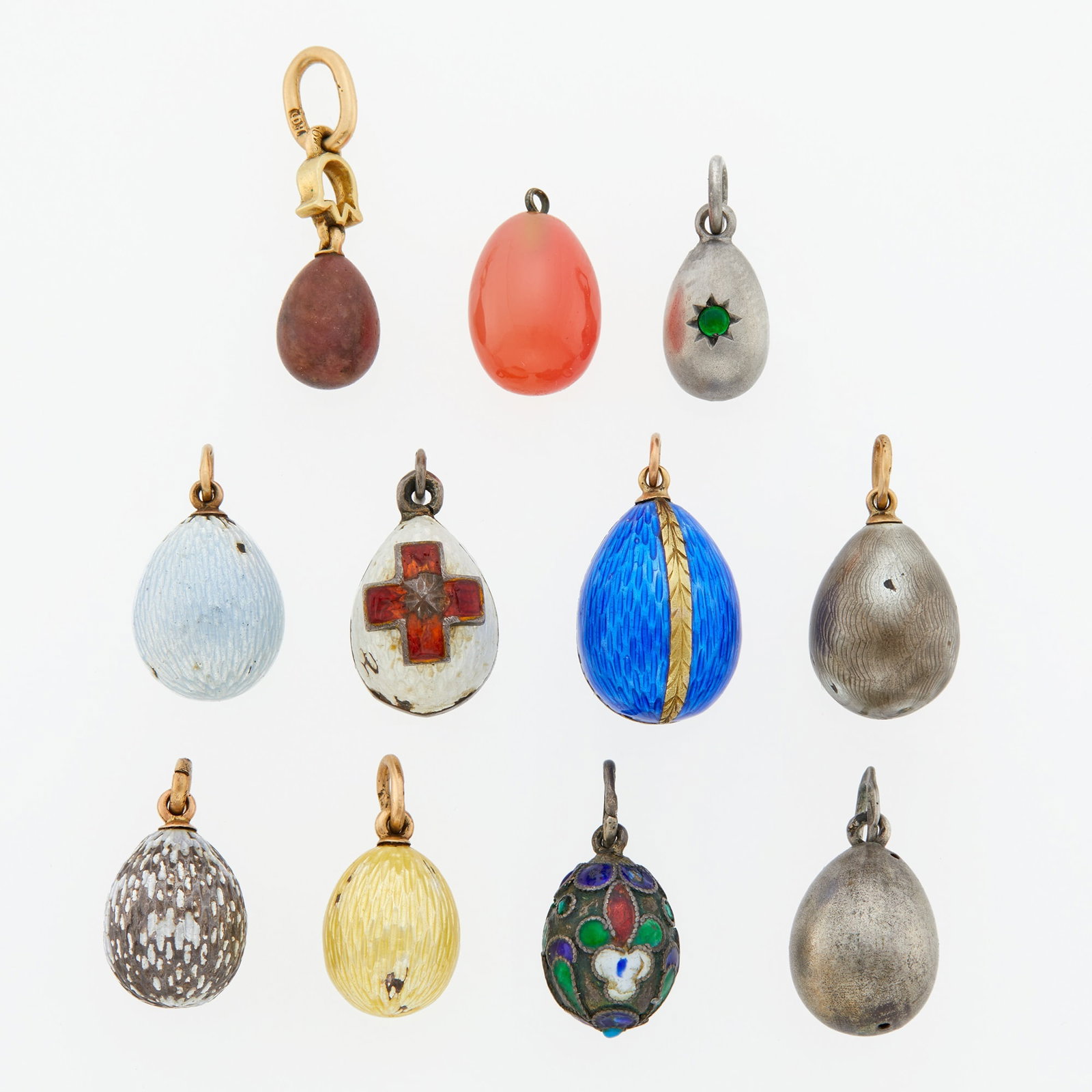 Group of Eleven Russian Silver, Gold, Hardstone and Enamel Egg Pendants (1 of 2)